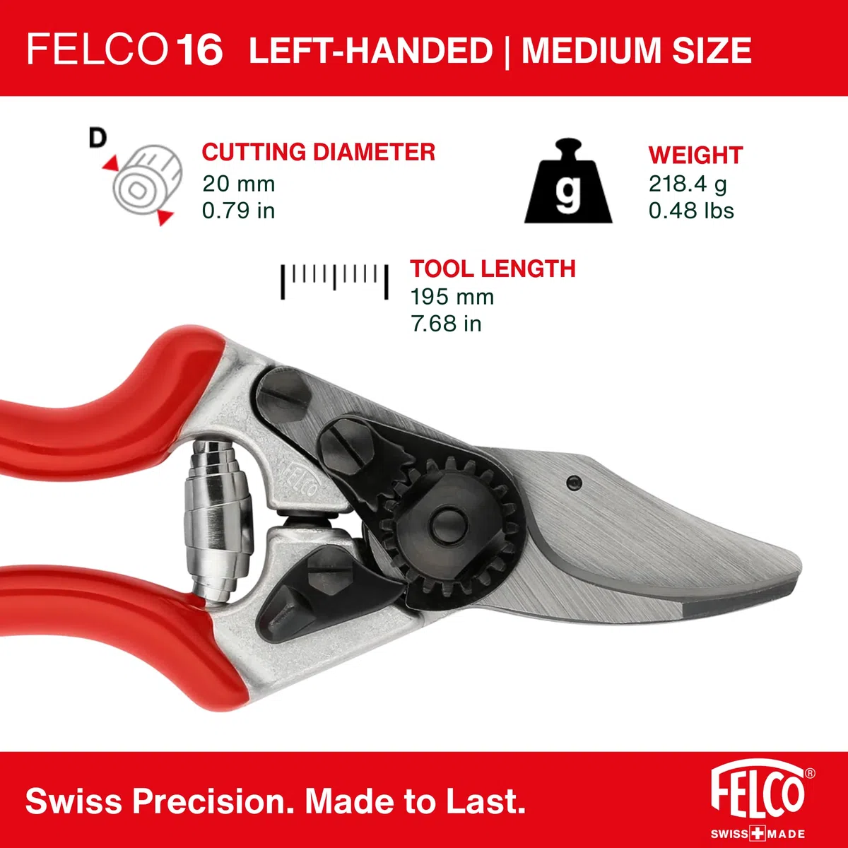 FELCO 16 Sekator kowadełkowy bypass dla leworęcznych, średnia dłoń, ostrze 42 mm ze stali hartowanej, aluminiowe kute uchwyty, precyzyjne cięcie do 20 mm, ergonomia szwajcarska