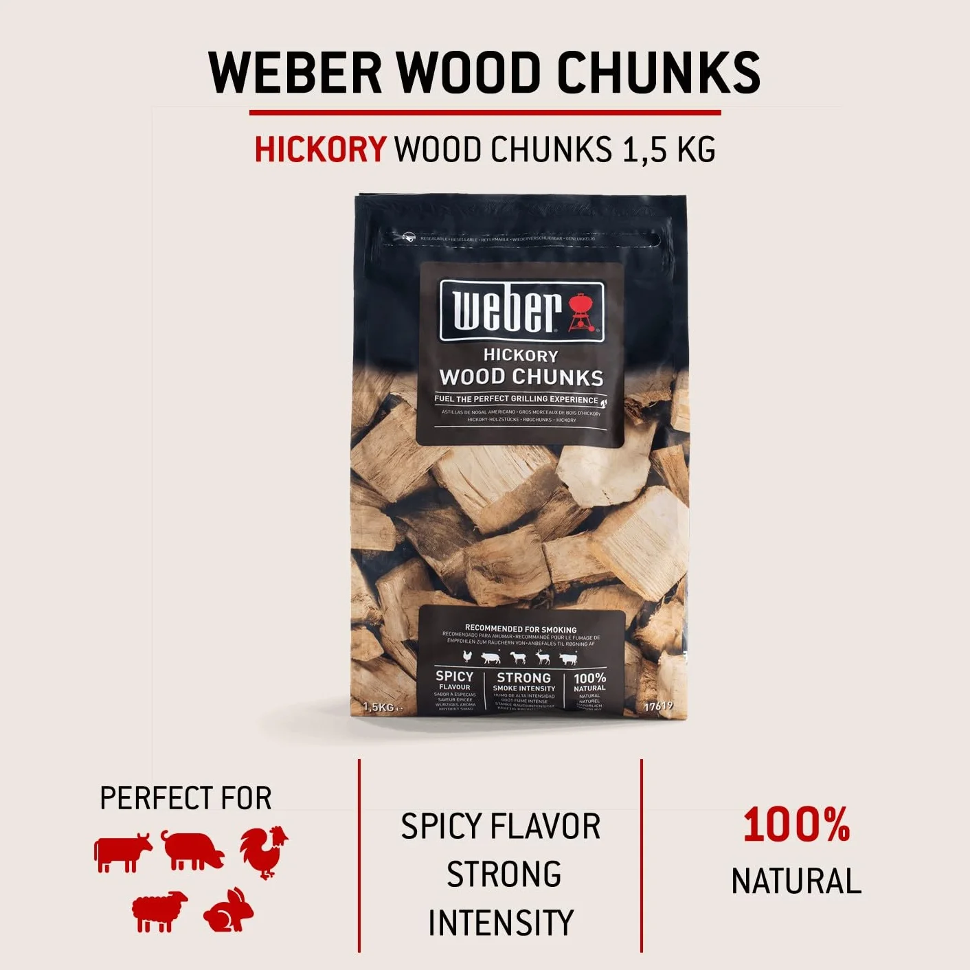 Weber Kawałki Drewna z Drewna Hickory (Opakowanie 1,5kg) - do wędzenia drobiu, wieprzowiny, dziczyzny i wołowiny, intensywny, lekko słodki aromat, 100% naturalne drewno (17619)