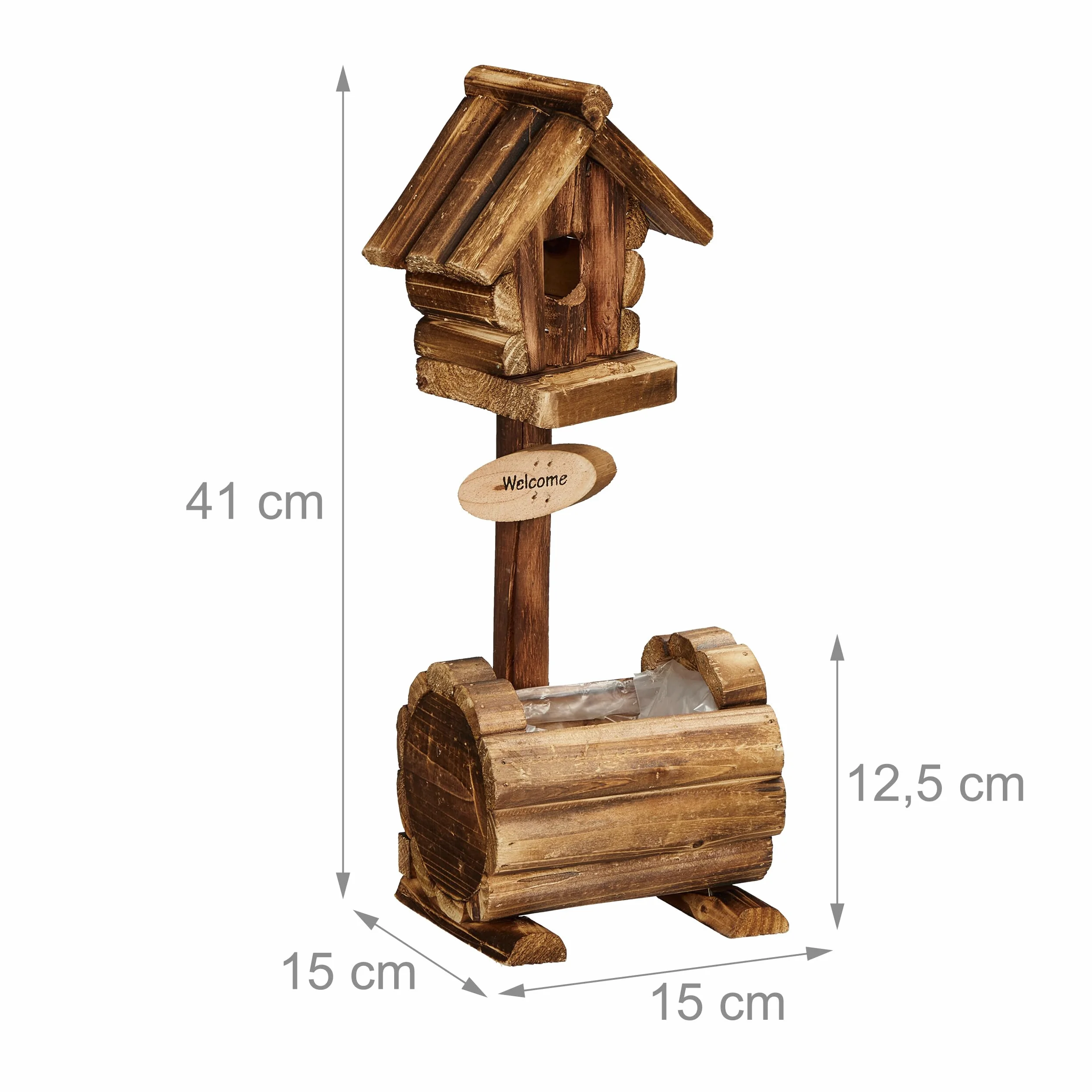 Relaxdays Dekoracyjny domek dla ptaków z doniczką, drewno jodłowe, rustykalny design, wys. x szer. x gł.: 41 x 15 x 15 cm, domek dekoracyjny, naturalny