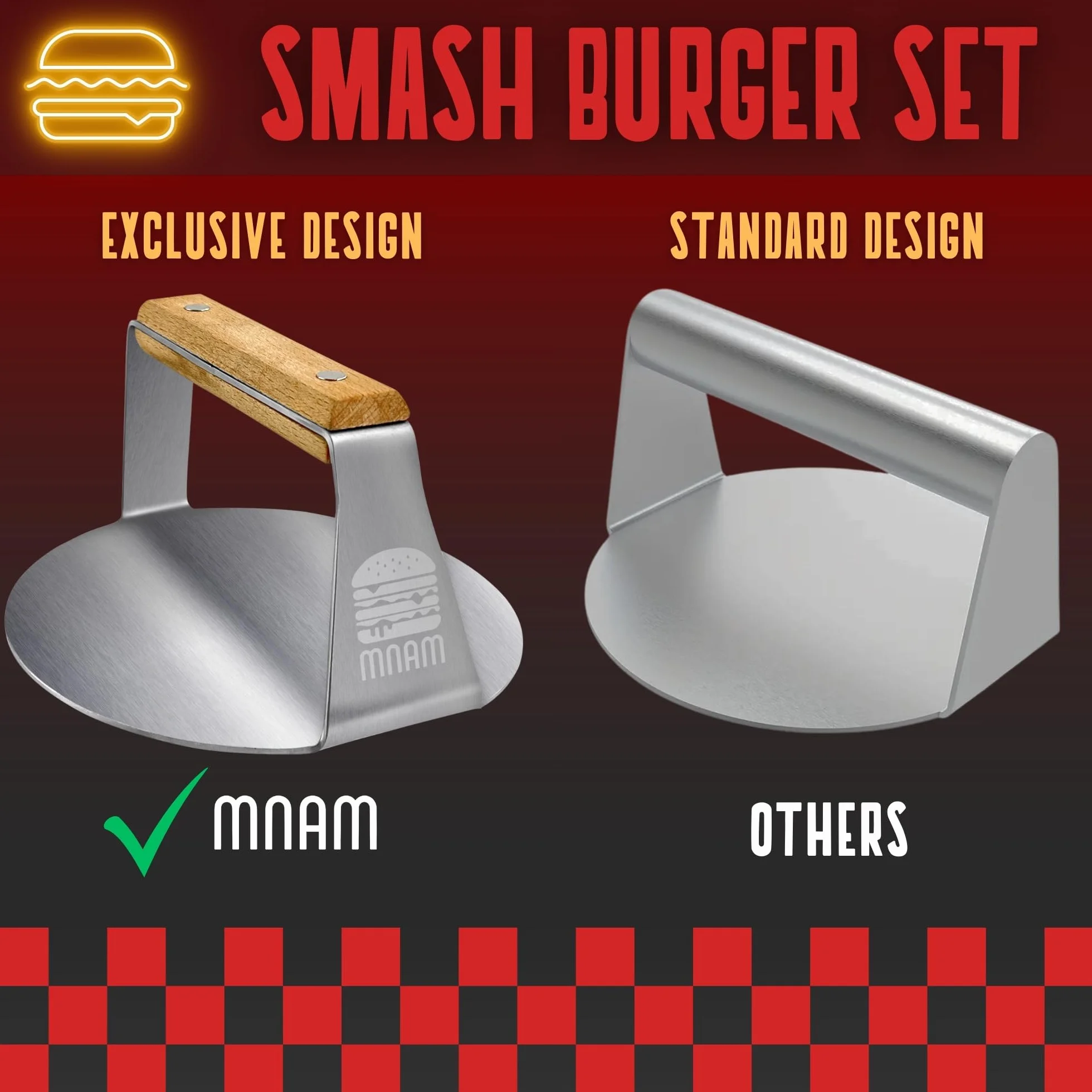 Prasa do hamburgerów Smash - stal nierdzewna, zestaw Smash Burger z łopatką, forma do hamburgerów do domu, idealny do grillowania i żelazka - profesjonalny Smasher drewniany uchwyt