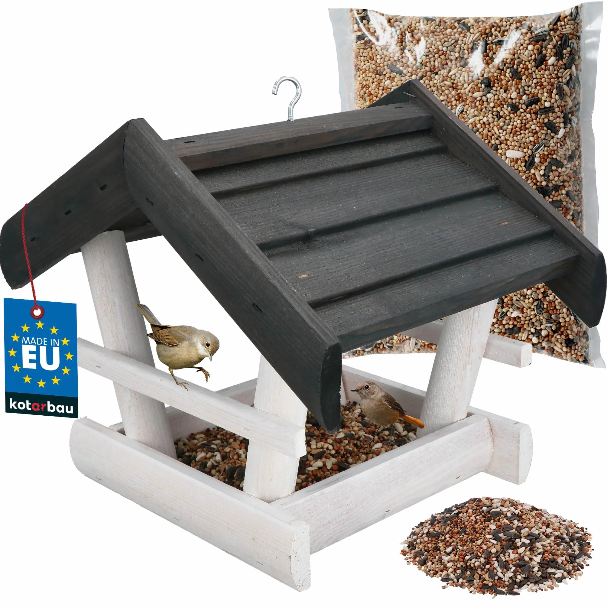 KOTARBAU® Karmnik dla Ptaków Drewniany z Daszkiem Biały Antracyt + Karma 0,5 kg