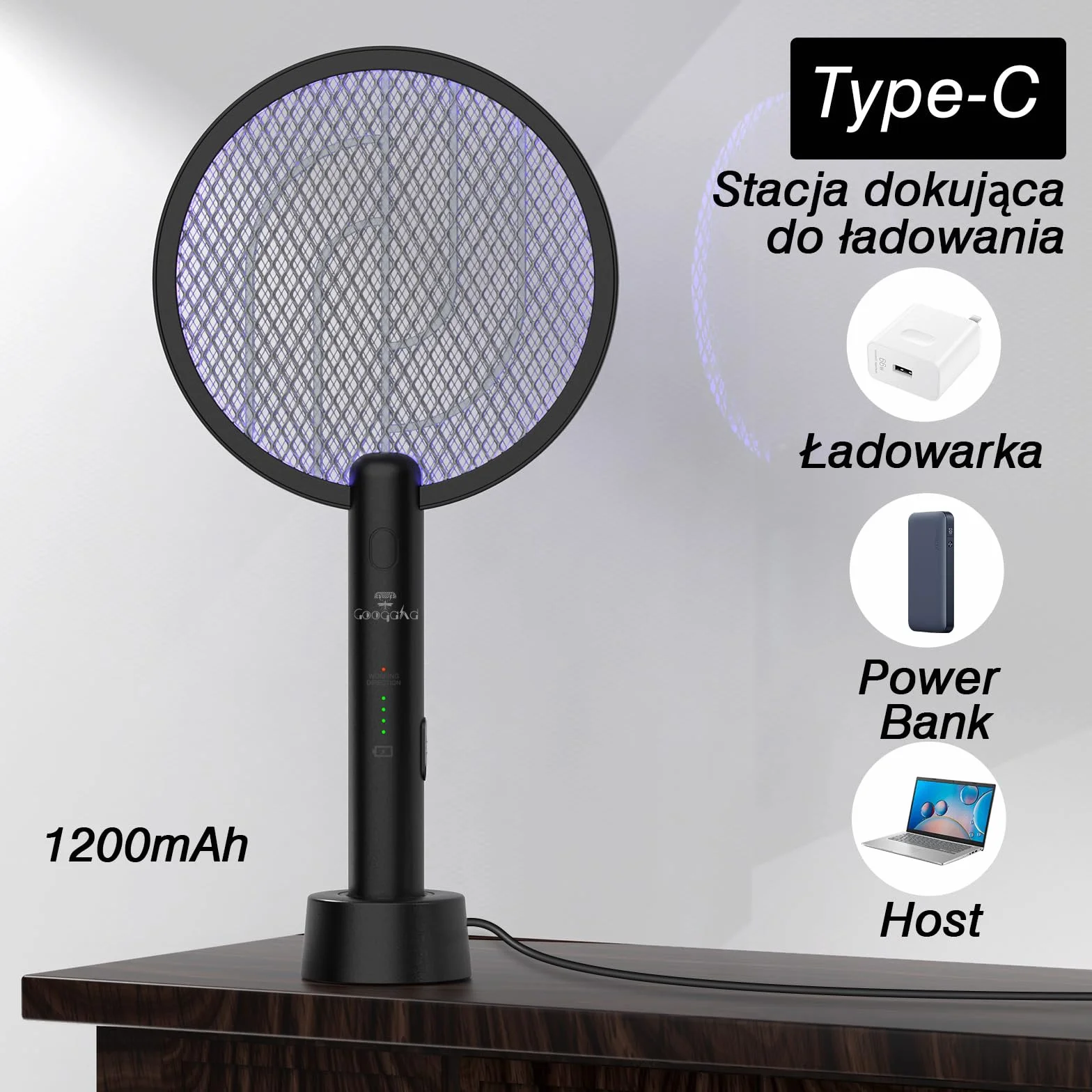 Elektryczna packa na muchy, GooQand 4000V Fly Killer Electronic z rakietą na muchy USB 2 w 1, poręczna packa na komary z 3-warstwową siatką ochronną do biwakowania wewnątrz i na zewnątrz, czarna，2szt