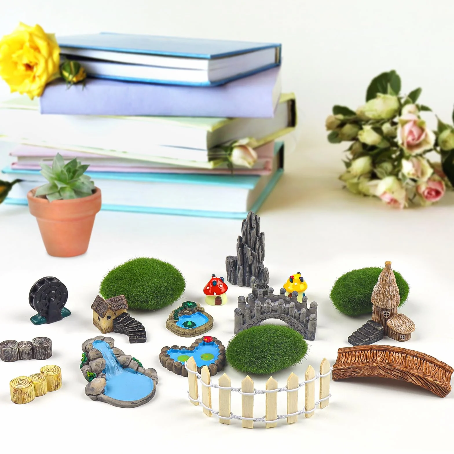QUOZUO Miniatury ogrodowe, most, dom, krajobraz, studnia, ogrodzenie, figurki, staw, grzyb, trawnik, ozdoba do majsterkowania, sukulentów, 21 szt