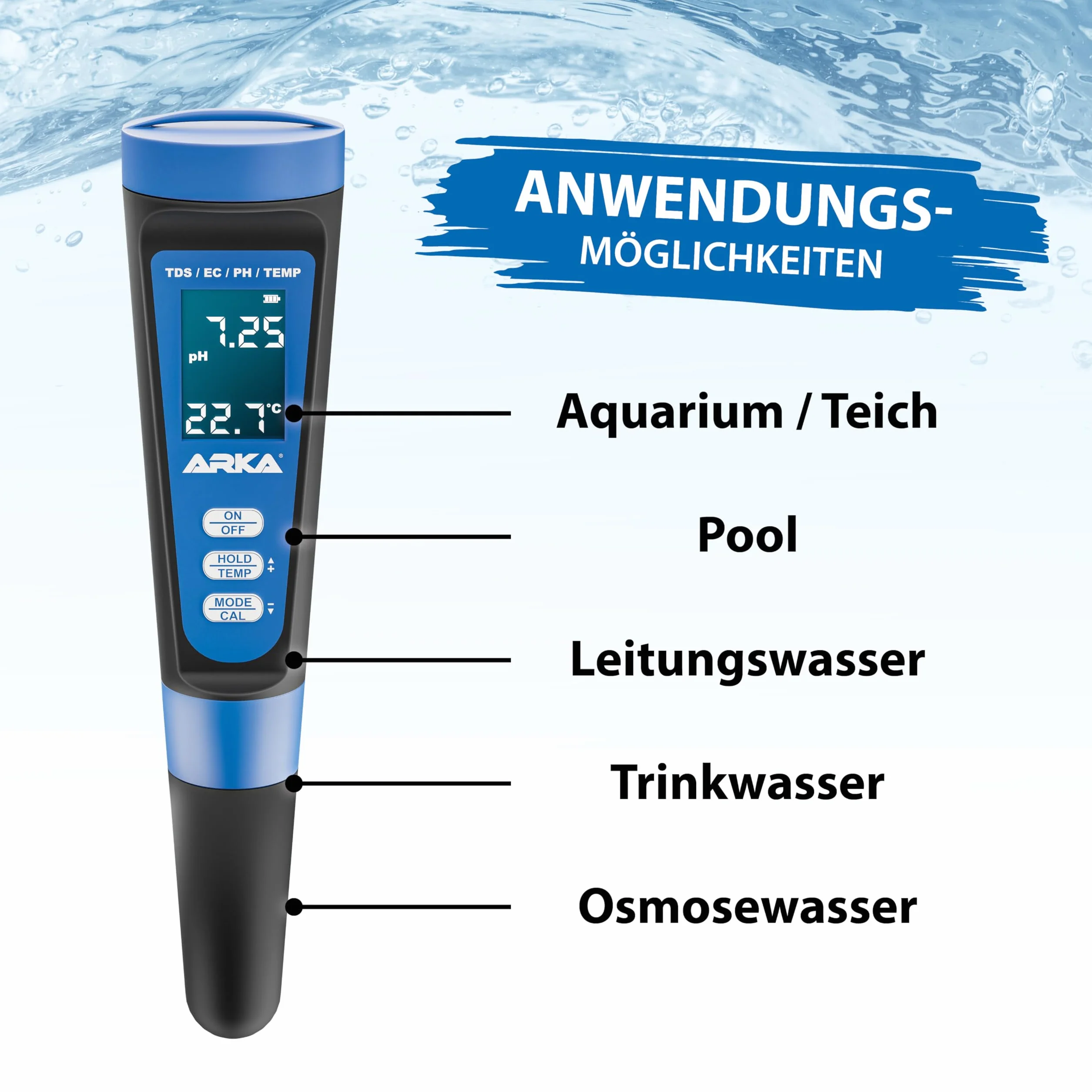 ARKA myAQUA pH/TDS/EC miernik jakości wody do pomiaru pH, TDS, EC i temperatury, w zestawie roztwór kalibracyjny, idealny do akwariów, basenów, stawów i wody pitnej