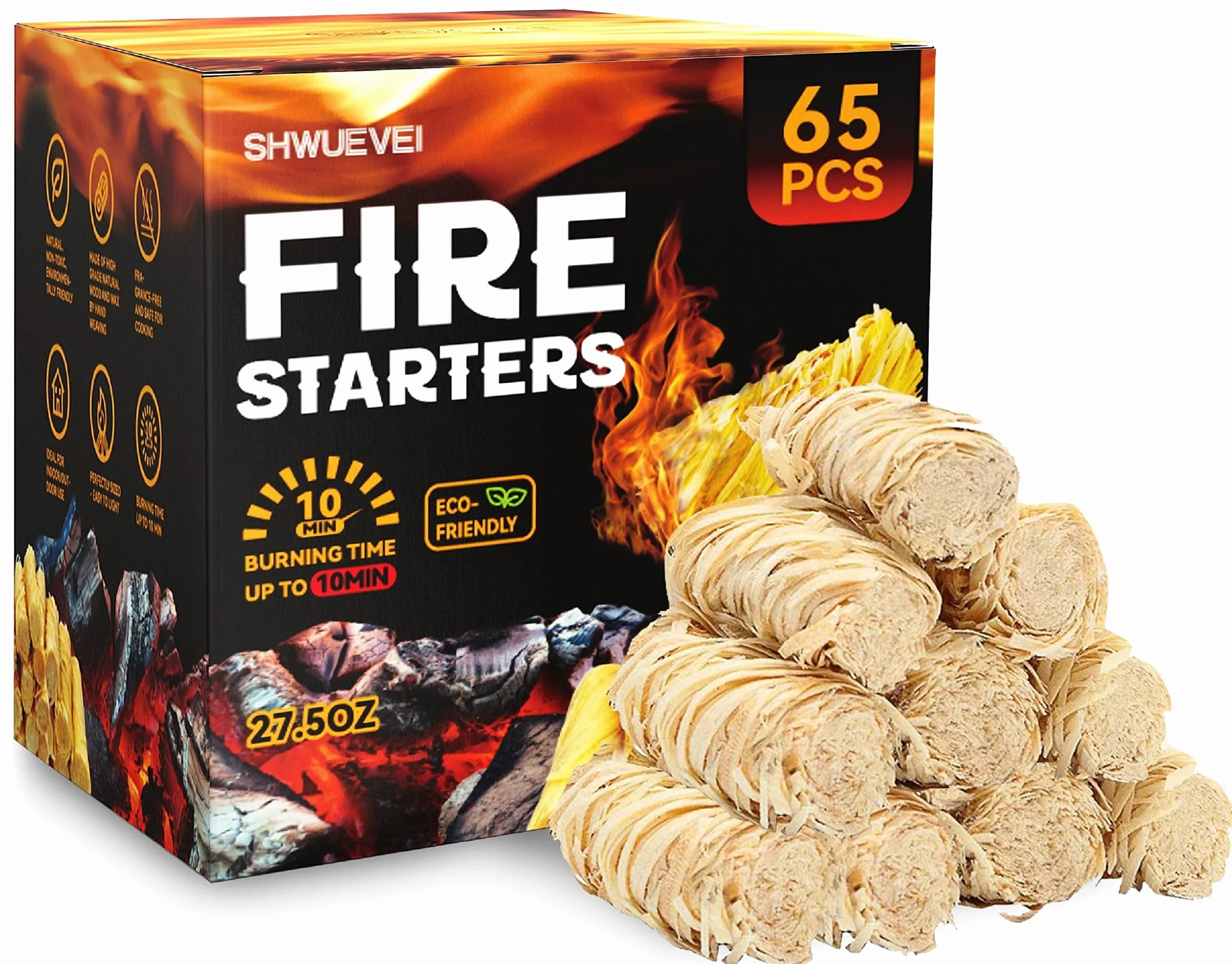 Natural Fire Starters 65 pcs for Fireplace, Pellet Stove, Wood, Fire Pit, BBQ