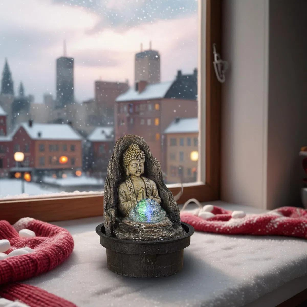 Fontaine Frieden – relaksująca fontanna wewnętrzna Zen Budda ze światłem LED – zamknięty i brązowy obieg – wys. 18 cm – Zen'light, żółta