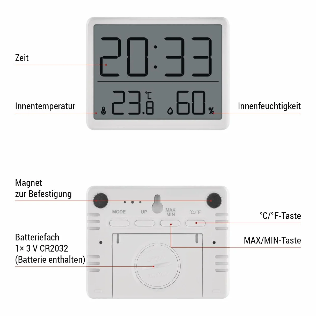 EMOS Cyfrowy termometr pokojowy i higrometr z zegarem LCD, uchwyt magnetyczny, wyświetlacz min/max, data, budzik