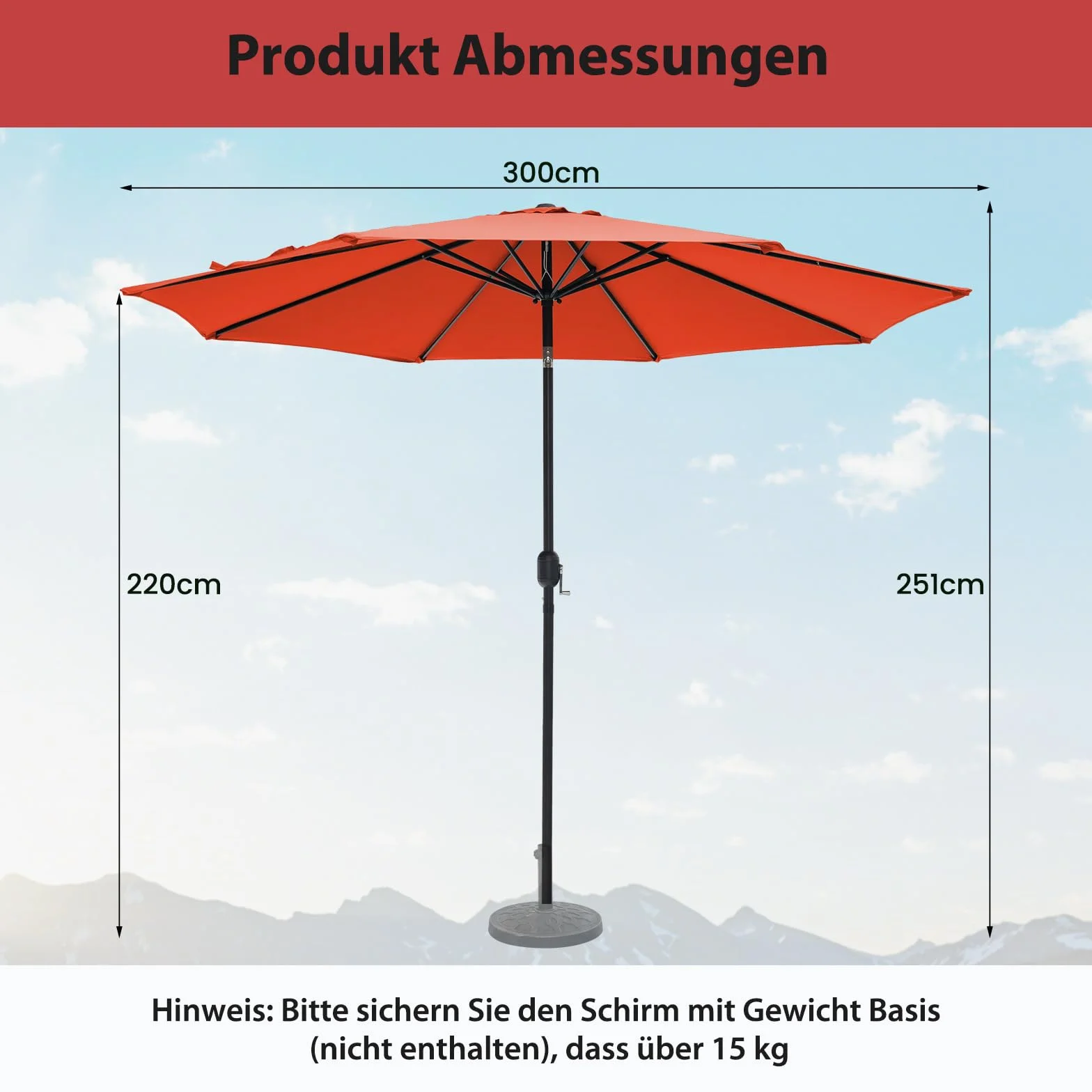 COSTWAY Parasol przeciwsłoneczny 300 cm, parasol ogrodowy z korbą, obustronnie zginany o 25°, parasol tarasowy z 8 żebrami, parasol targowy do ogrodu, na balkon, taras, pomarańczowy