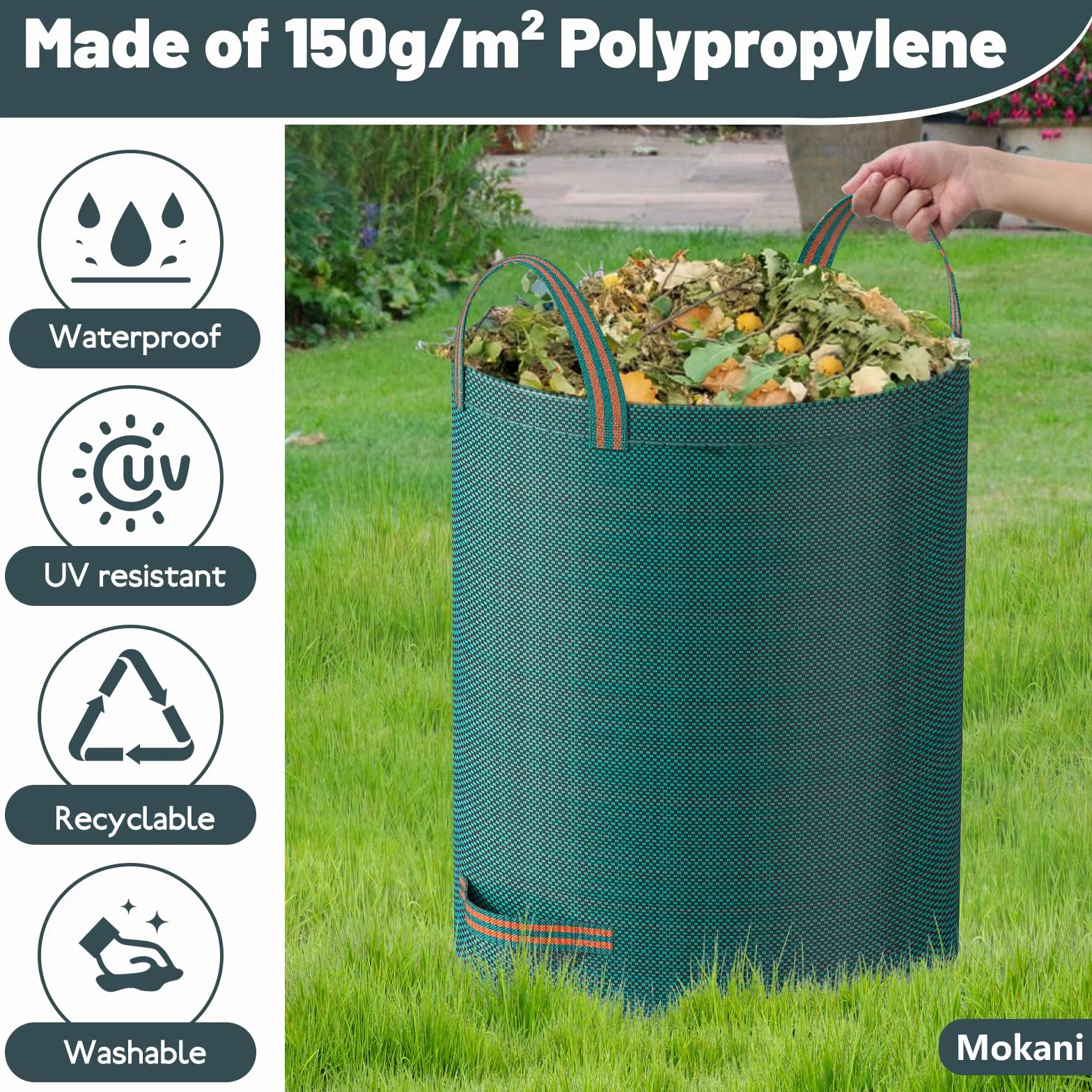 Mokani Worki na odpady ogrodowe, wytrzymałe, z uchwytami, 300 l x 3, wielokrotnego użytku, składane, kempingowe, do recyklingu, na liście, śmieci, gruz
