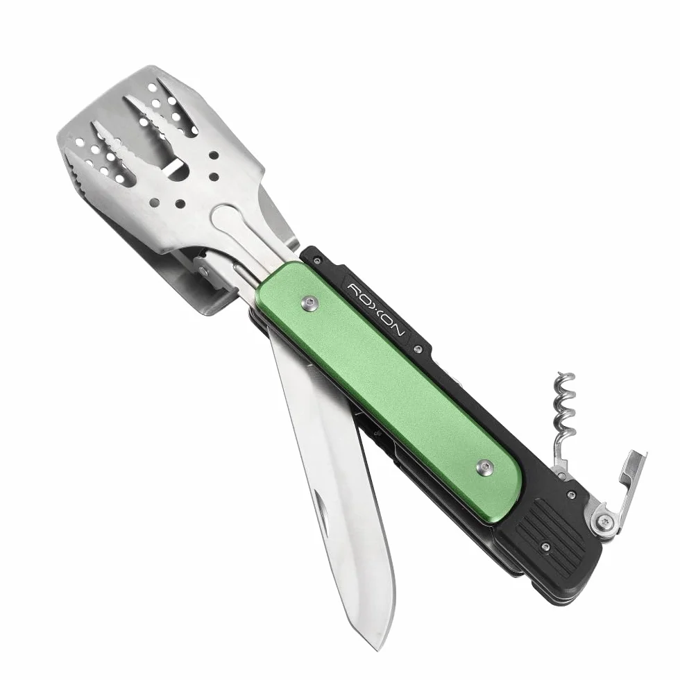 ROXON S601 35.6 cm 6 w 1 MBT3 składany zestaw przyborów do grilla, widelec, szpatułka, nóż do grillowania, szczypce do grilla i kempingu, zielony