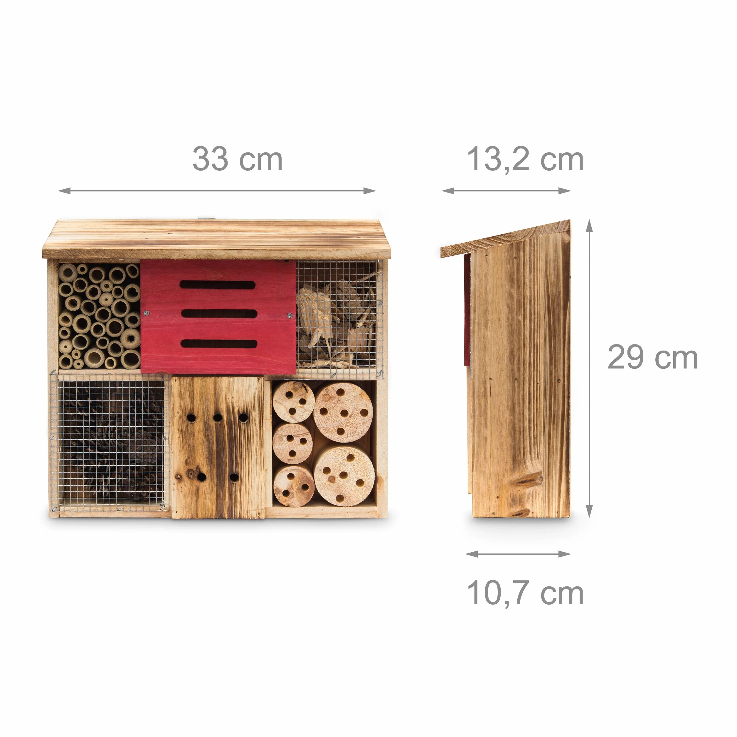 Relaxdays Domek dla owadów palony, wys. x szer. x gł.: 29 x 33 x 13,5 cm, hotel dla pszczół z naturalnych materiałów jako schronienie dla chrząszczy, pszczół, os i motyli, domek dla owadów z drewna z