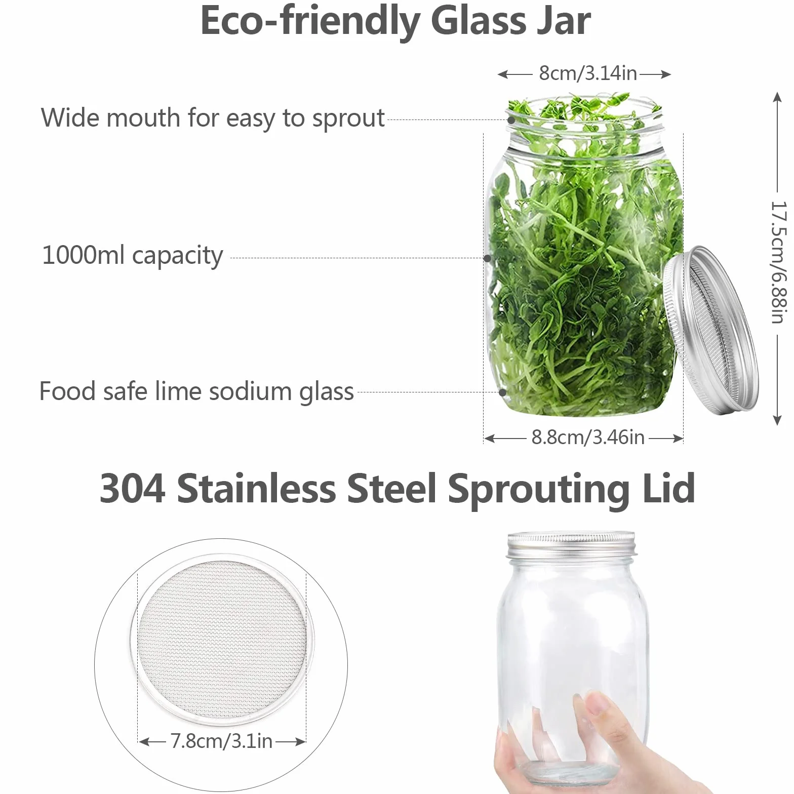 Diealles Shine Kieliszek do kiełkowania, 2 x 950 ml słoik na kiełki z 2 regulowanymi mocowaniami, 2 filtry ze stali nierdzewnej, 1 talerz plastikowy, słoik do kiełków, do hodowli kiełków