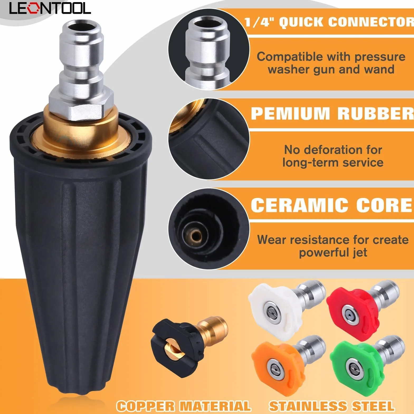 LEONTOOL Obrotowa obracana o 360° dysza turbo do myjki wysokociśnieniowej 3600 PSI z szybkim przyłączem 6,35 mm, wiele stopni 5 stopni (0,15, 25, 40, mydło) dysze do myjki wysokociśnieniowej do betonu