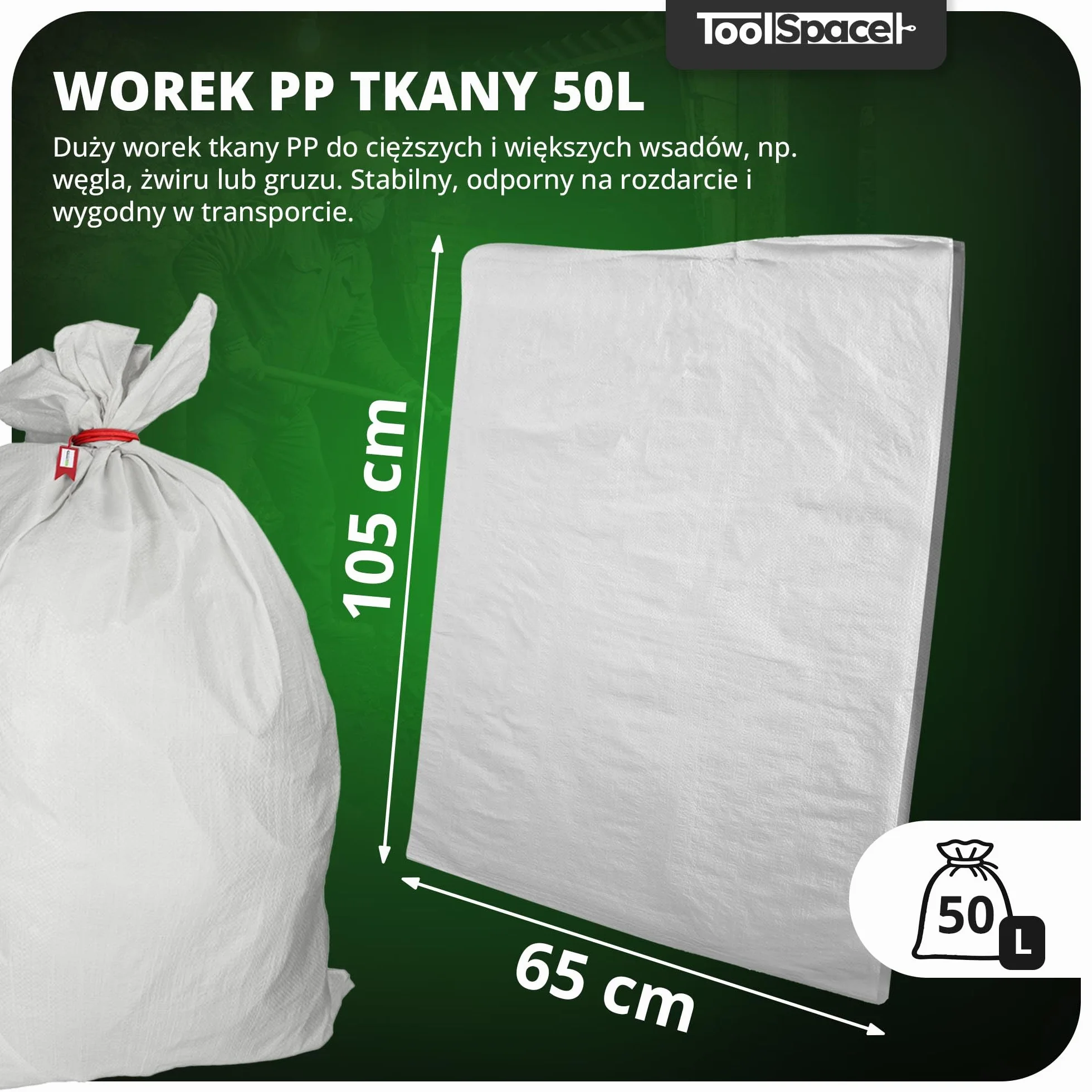 ToolSpace Worek polipropylenowy 105x65 cm 50 kg Worki transportowe