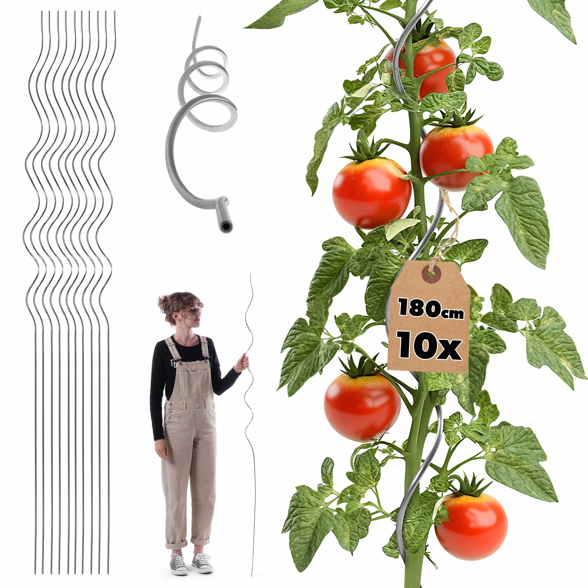 KADAX Pręty spiralne do pomidorów 180 cm x 6 mm, 10 sztuk, aluminiowe