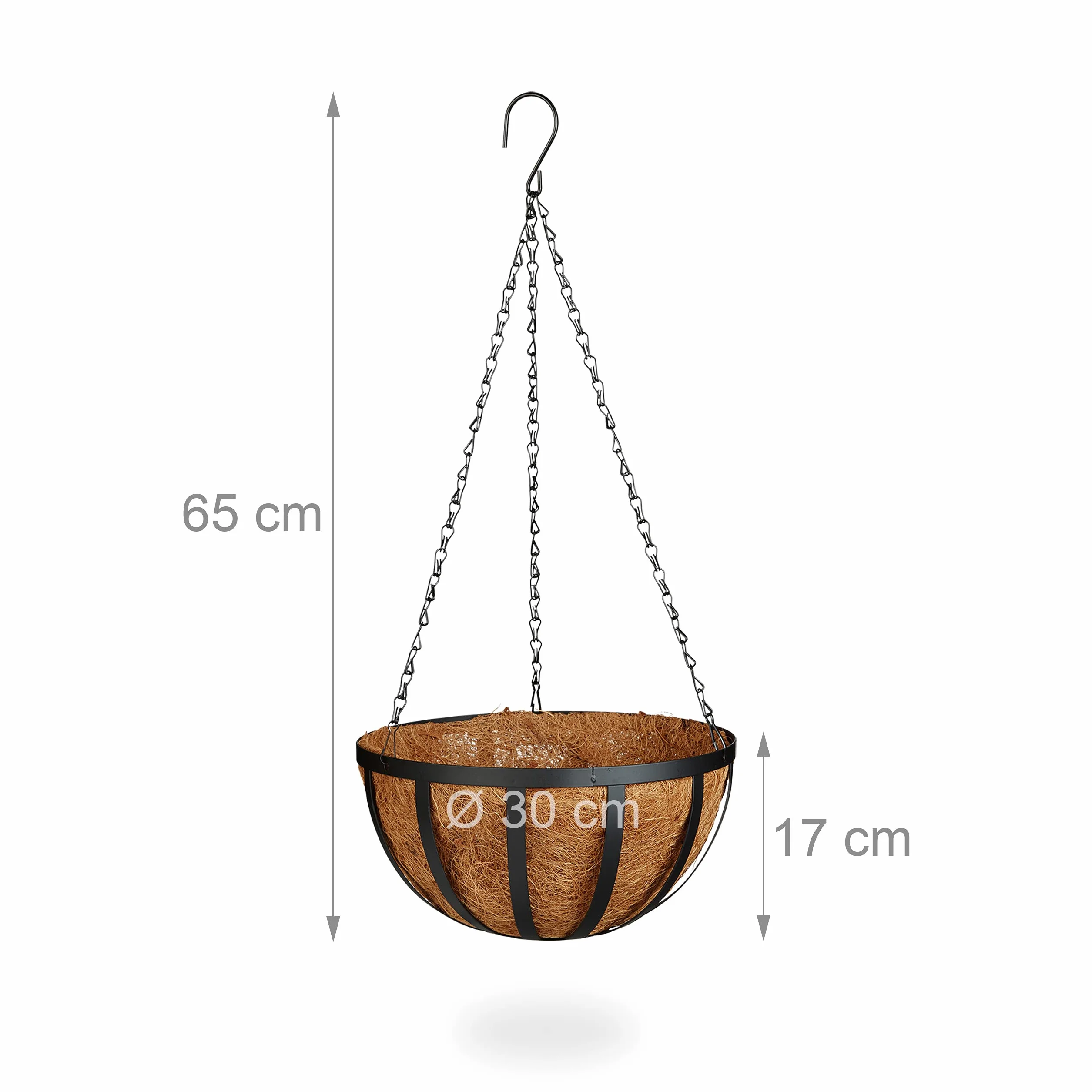 Relaxdays kosz wiszący 3 kosze, kokos, pojemność 21 litrów, z łańcuchem, średnica 30 cm jako kosz wiszący, brązowy