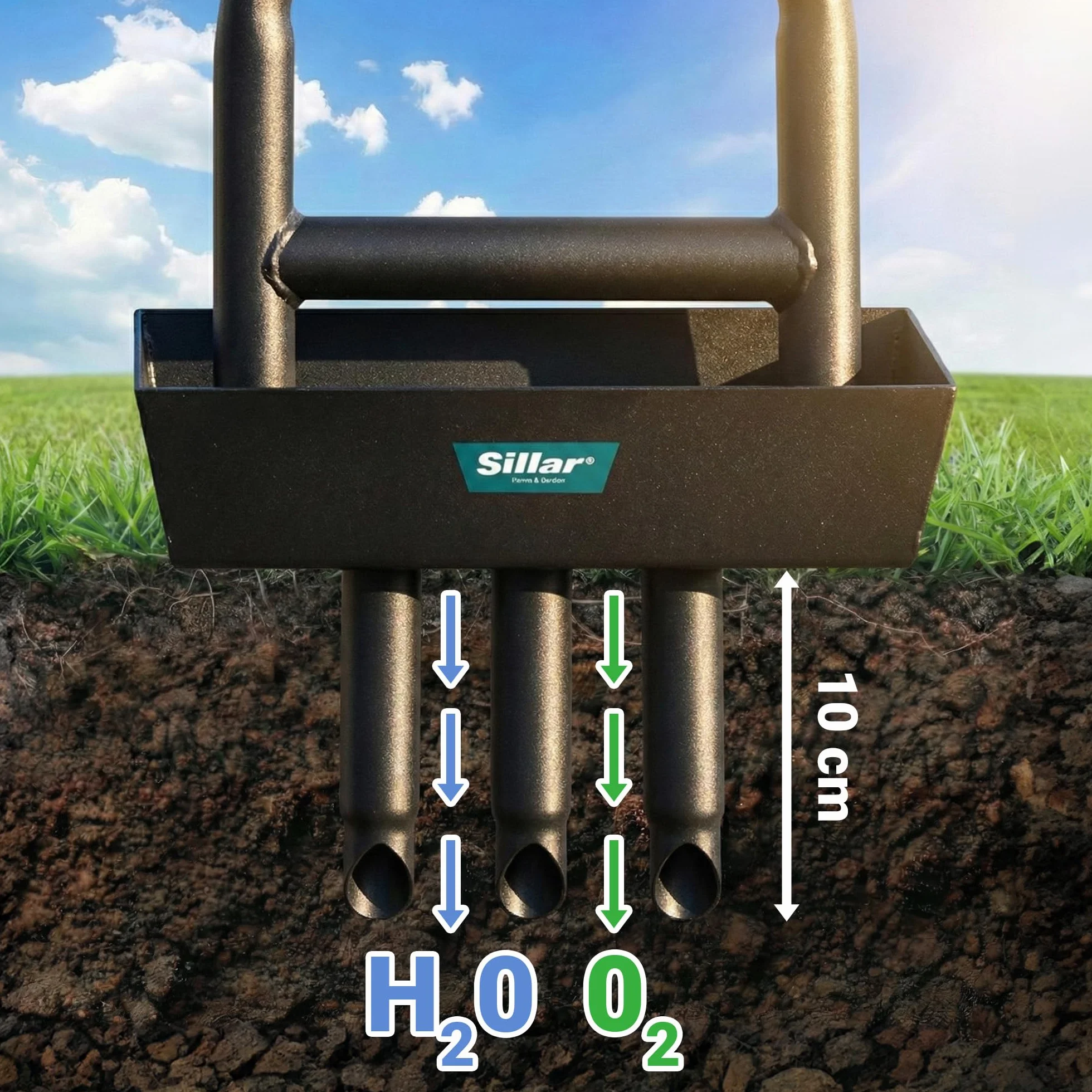 Sillar Aerator Rurkowy do Trawnika z Tacką na Rdzenie – 3 Stalowe Zęby Rurowe – Napowietrzacz Gleby Ręczny – Wertykulator Ręczny – Narzędzie Ogrodowe 96 cm