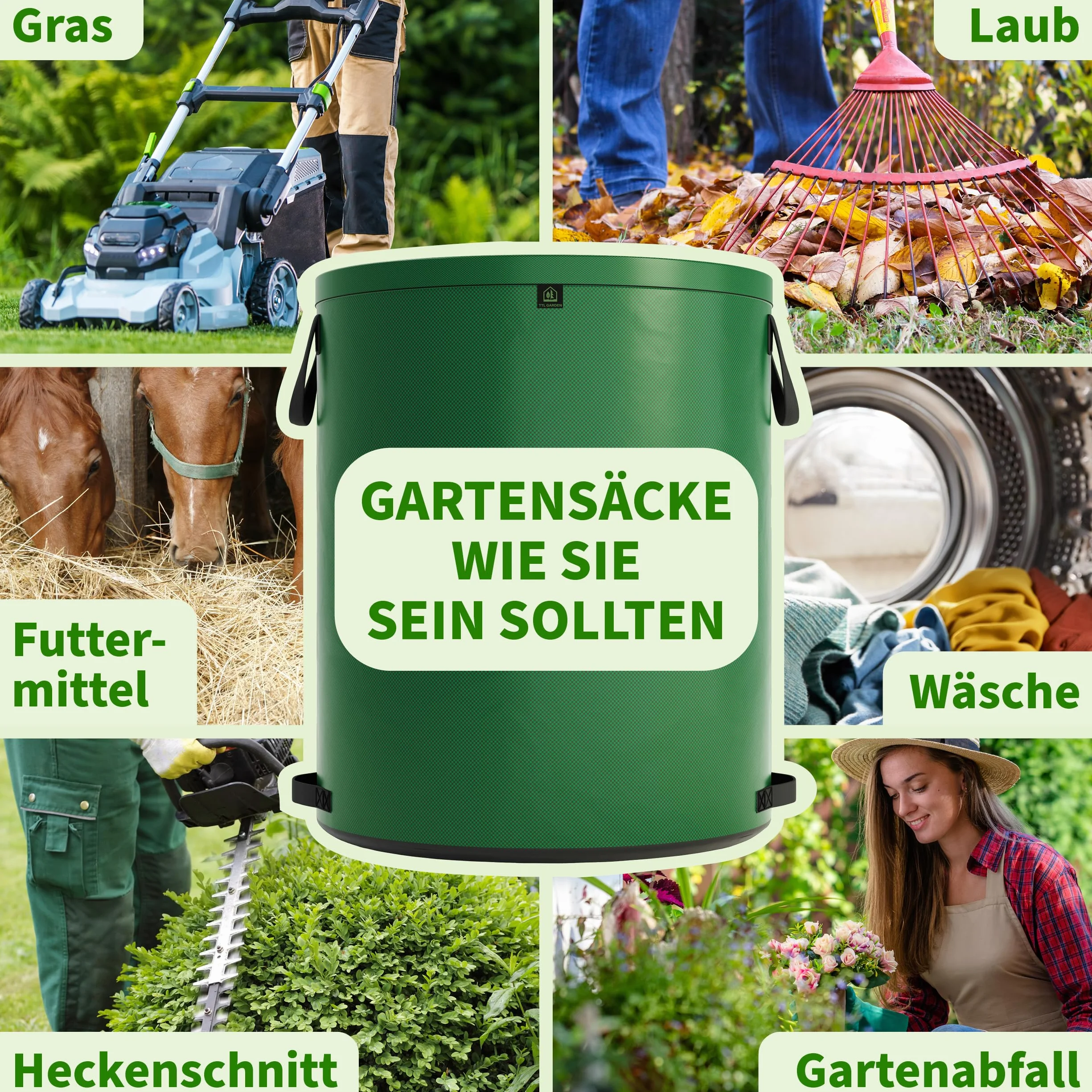 TTL Garden 2 x 500 l super solidny worek ogrodowy zielony – podwójne dno 2 x 200 g/m², bardzo stabilny i odporny na rozerwanie, wolnostojący, 4 uchwyty, duży, wytrzymały, zestaw 2 worków na liście
