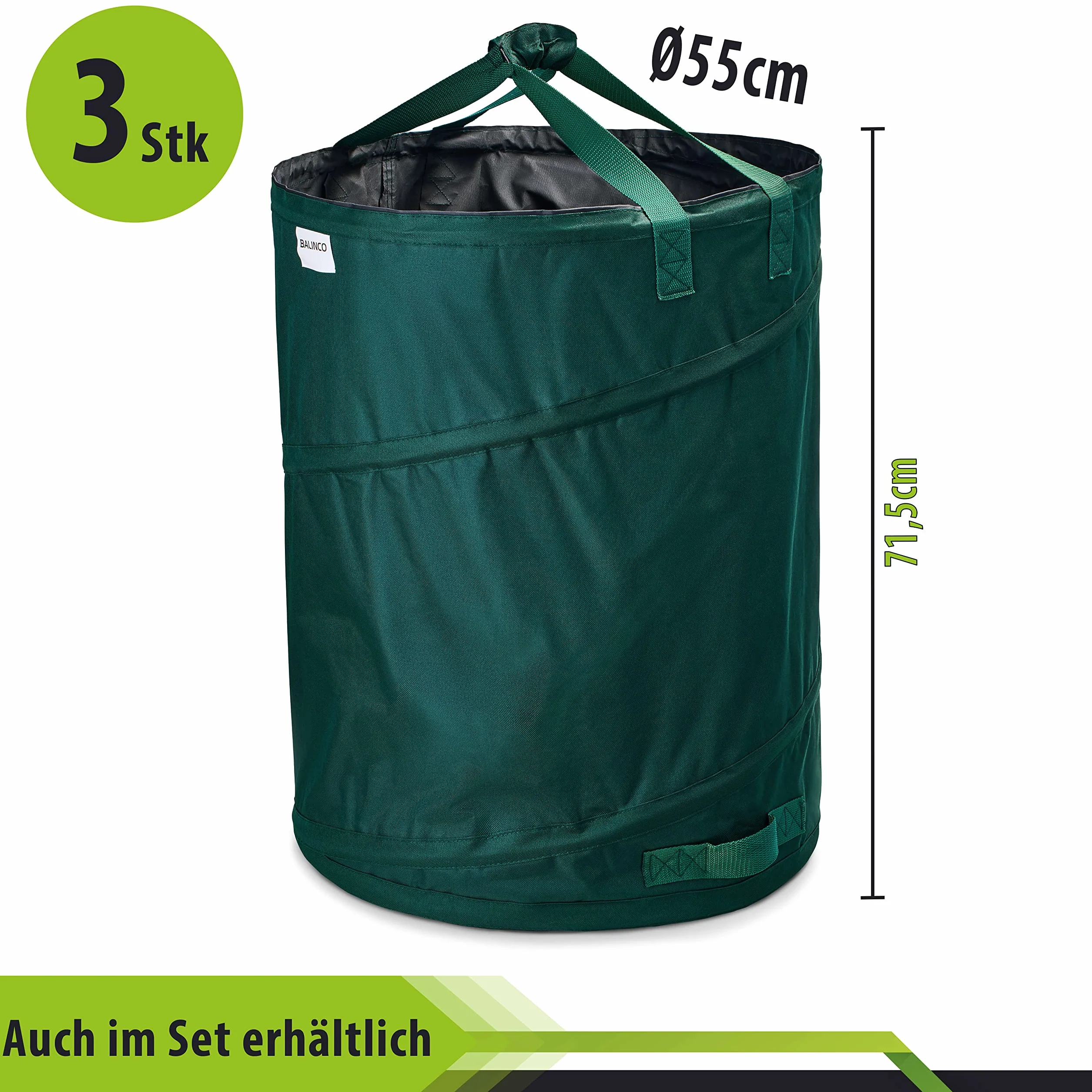 Worek na odpady ogrodowe 170 L zielony z poliestru 220 g/m² składany (3 sztuki)