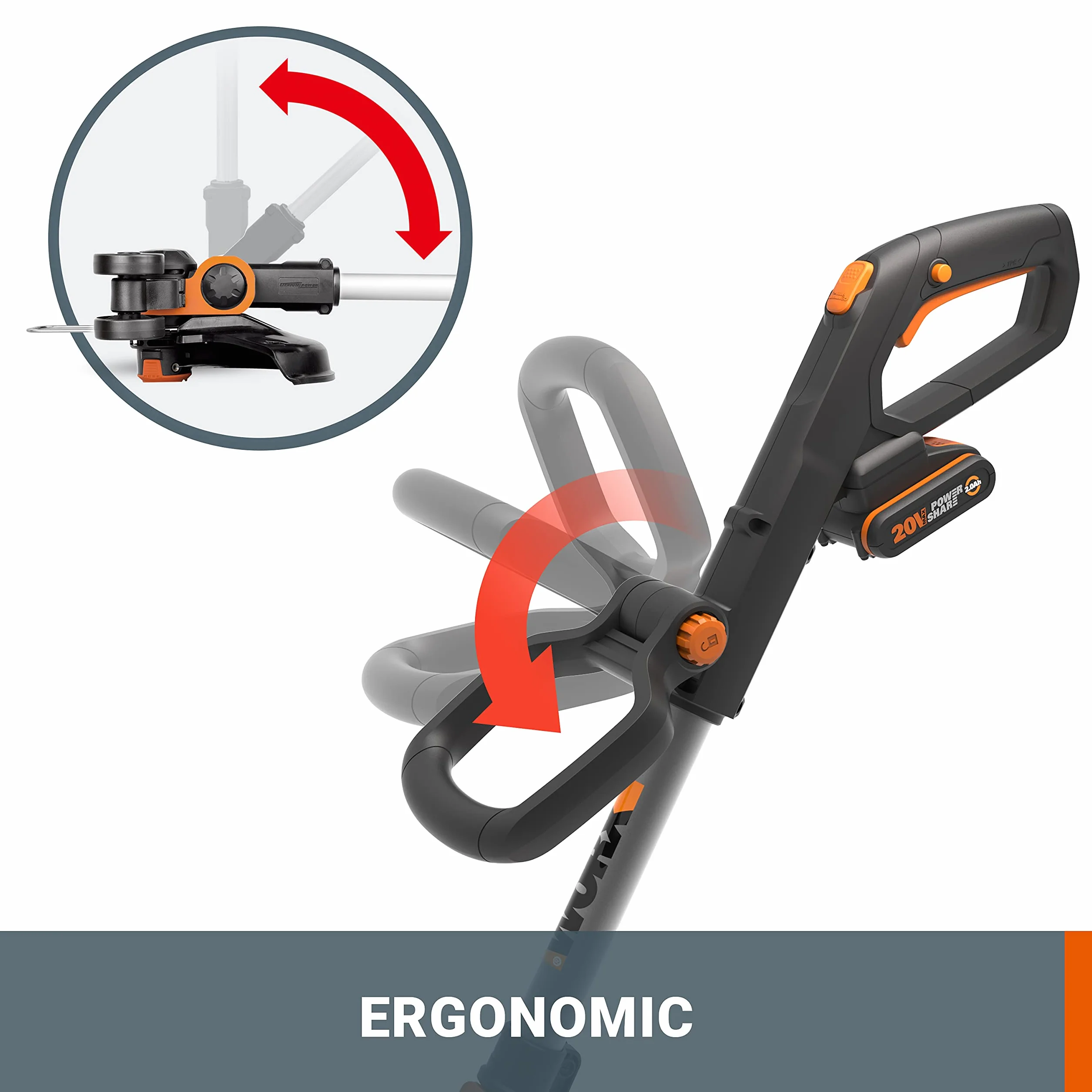 WORX WG163E.2 Akumulatorowa podkaszarka do trawy 20 V, podkaszarka 2 w 1 z głowicą obrotową 90°, średnica cięcia 30 cm, uchwyt teleskopowy (w tym akumulator 2 Ah i ładowarka)