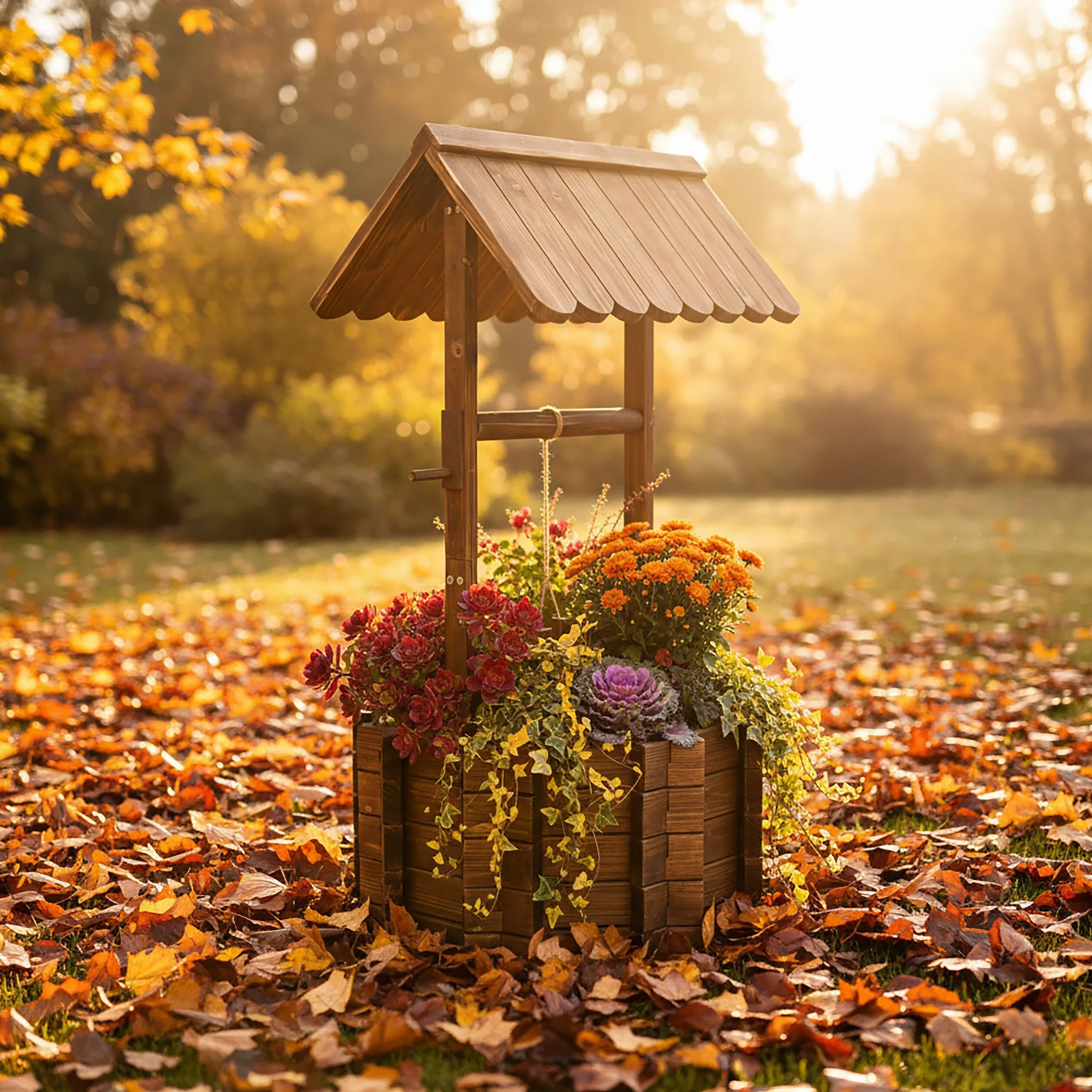 Relaxdays Fontanna ozdobna, dekoracyjna fontanna do sadzenia, dekoracja ogrodowa, wiadro i korba, wys. x szer. x gł.: 114 x 56 x 56 cm, drewniana fontanna, brązowa