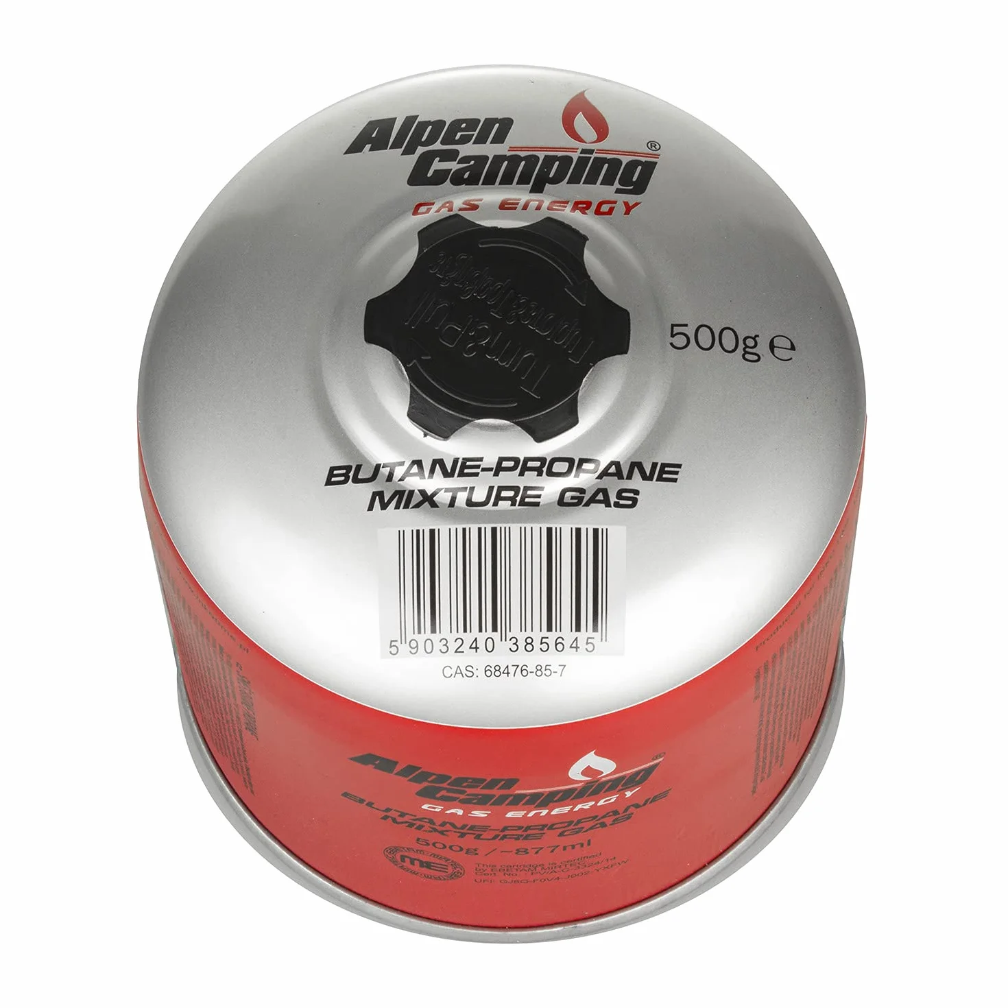 Alpen Camping IK008 6 x 877 ml / 500 g kartusze gazowe z propan-butanem z przyłączem 7/16" do kuchenek gazowych, kuchenek kempingowych, palników lutowniczych Bunsena, EN417 (6)