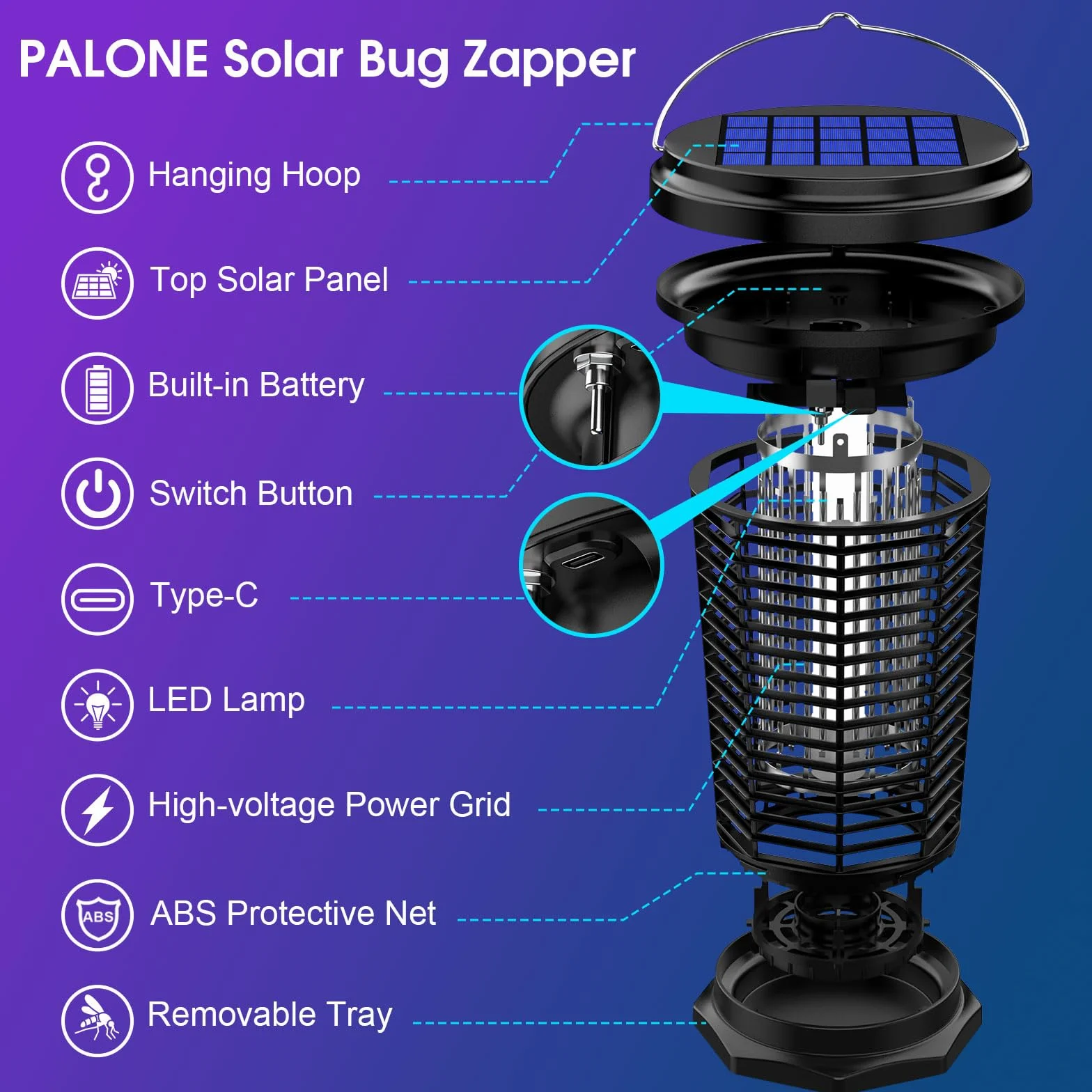 PALONE Przenośna lampa na komary solarna 4500V, USB-C + 5.5W panel - Wodoodporna do ogrodu/campingu (2600mAh, IPX4)
