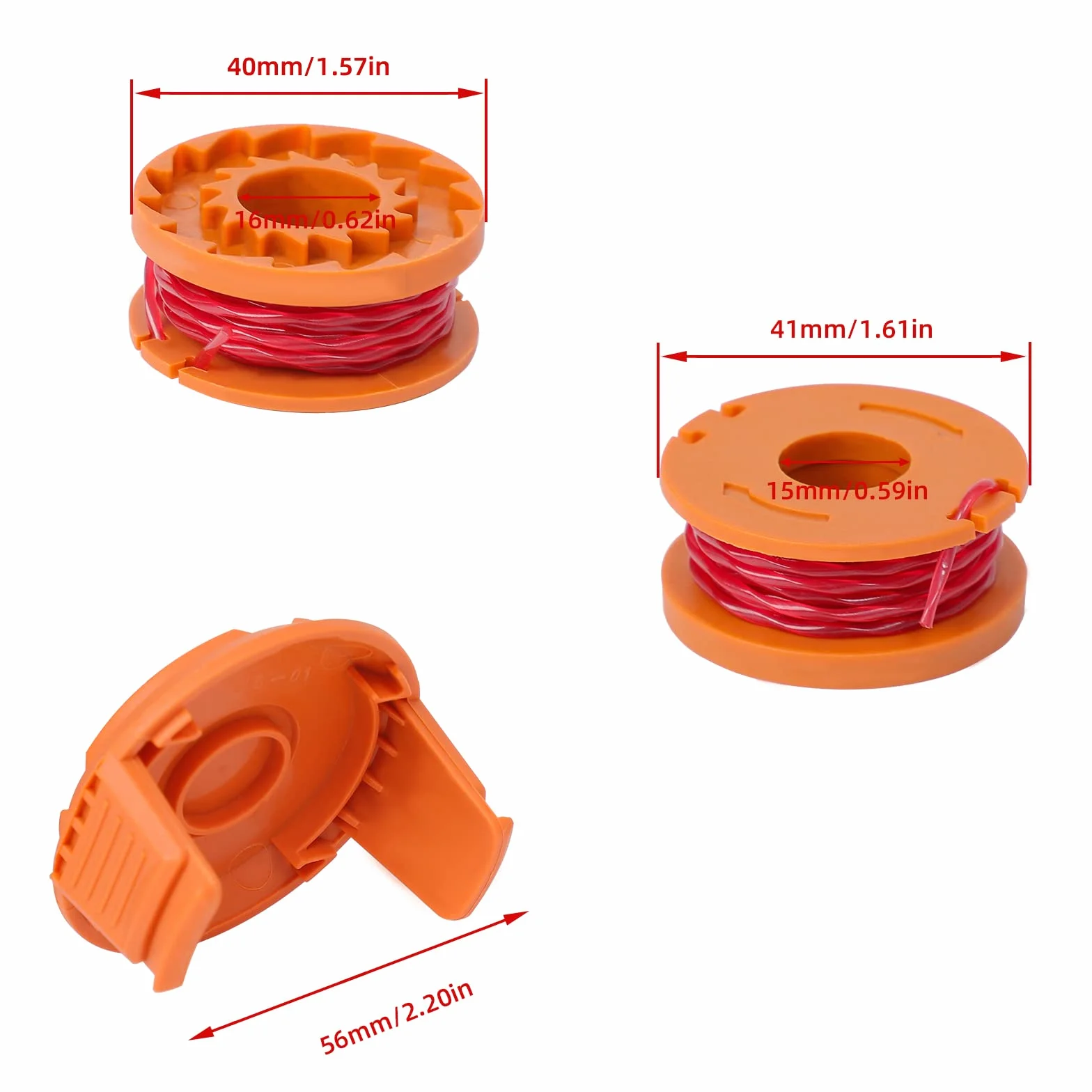 WA0004.1 zestaw 6 żyłek do podkaszarki do trawy WORX 20 V (6 x 3 m długości, średnica żyłki Ø 1,65 mm) + 2 x nasadki (6 sztuk)