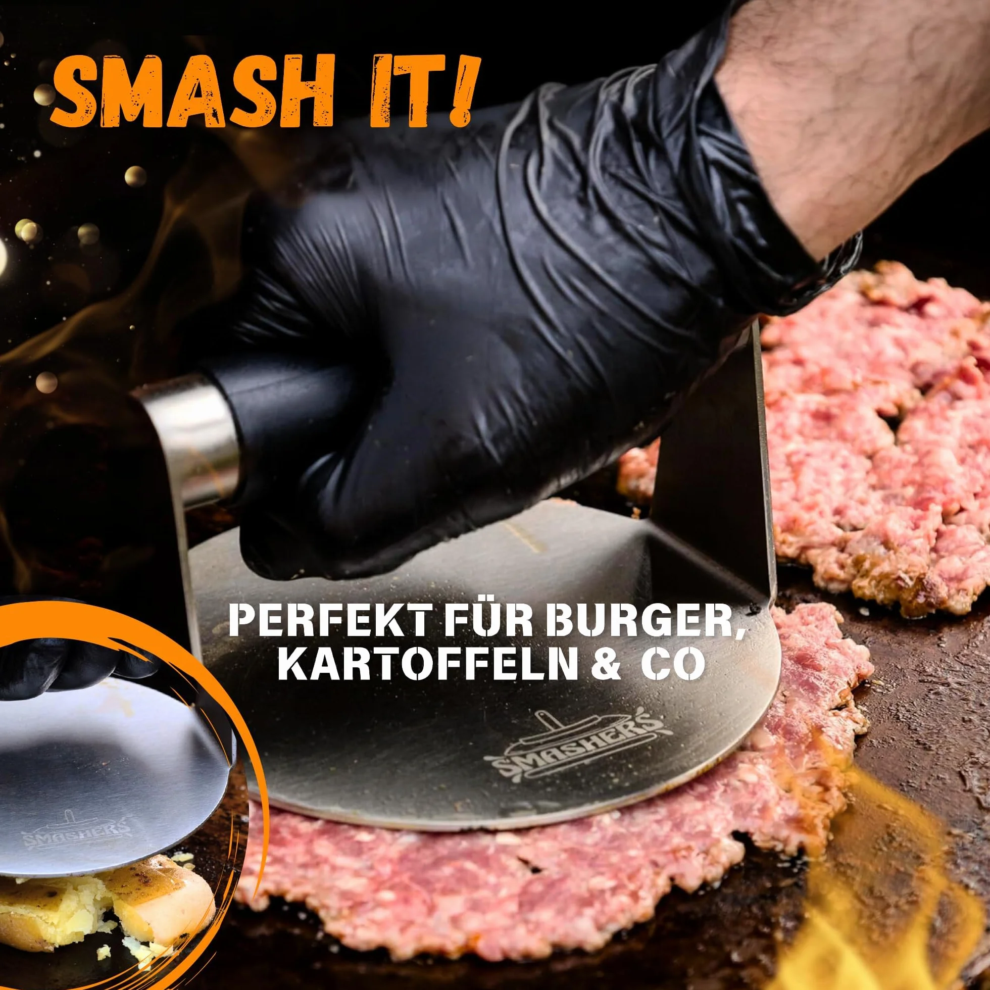 SMASHERS Smash zestaw do burgerów – zestaw do burgerów z prasą do burgerów, szpachelką do grilla, szpatułką do patelni i dzwonkiem do burgerów - w zestawie e-book z przepisami na smash burgery i