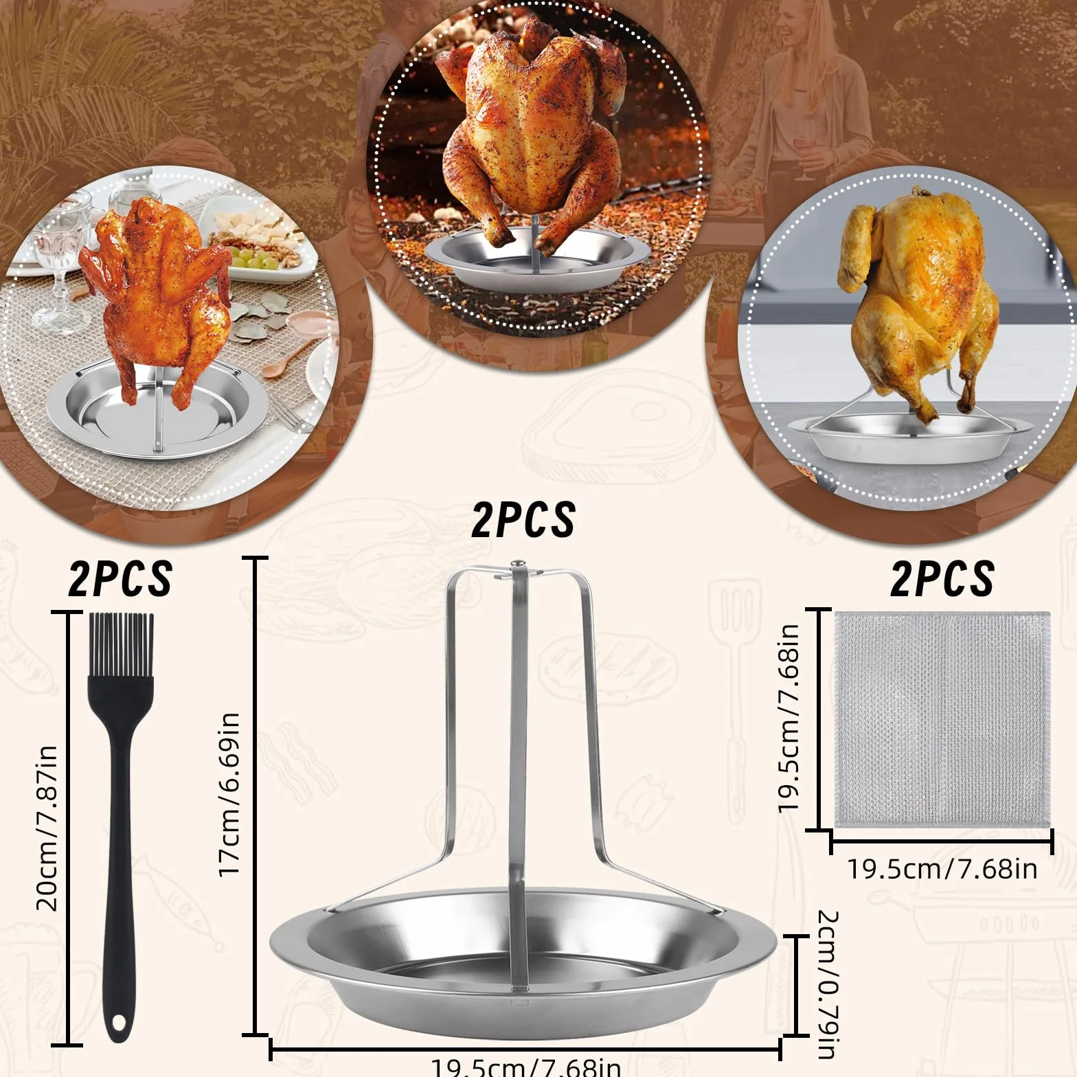 2 sztuki pieczeniarek do kurczaka ze stali nierdzewnej, pionowy stojak na kurczaka, uchwyt grillowy na kurczaka, wyjmowany grill do kurczaka z 2 szt. pędzli do oleju i 2 ściereczkami do