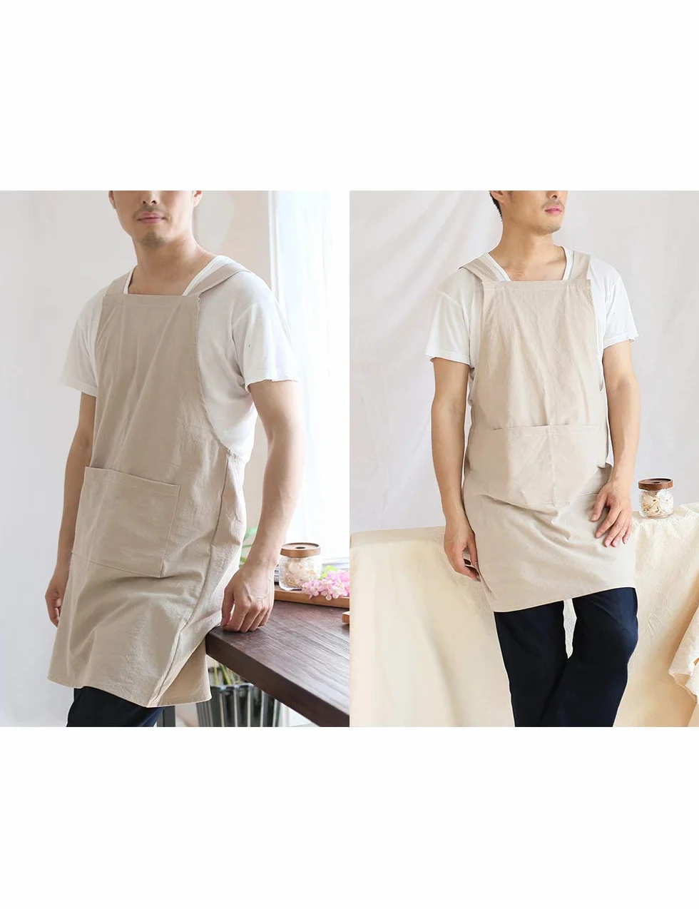 Fartuch z Kieszenią Bawełny Lnu Japoński styl Cross Bandage Halter Apron Kucharz Kuchnia Gotowanie Odzież Mężczyźni Kobiety Bib Prezent, Khaki