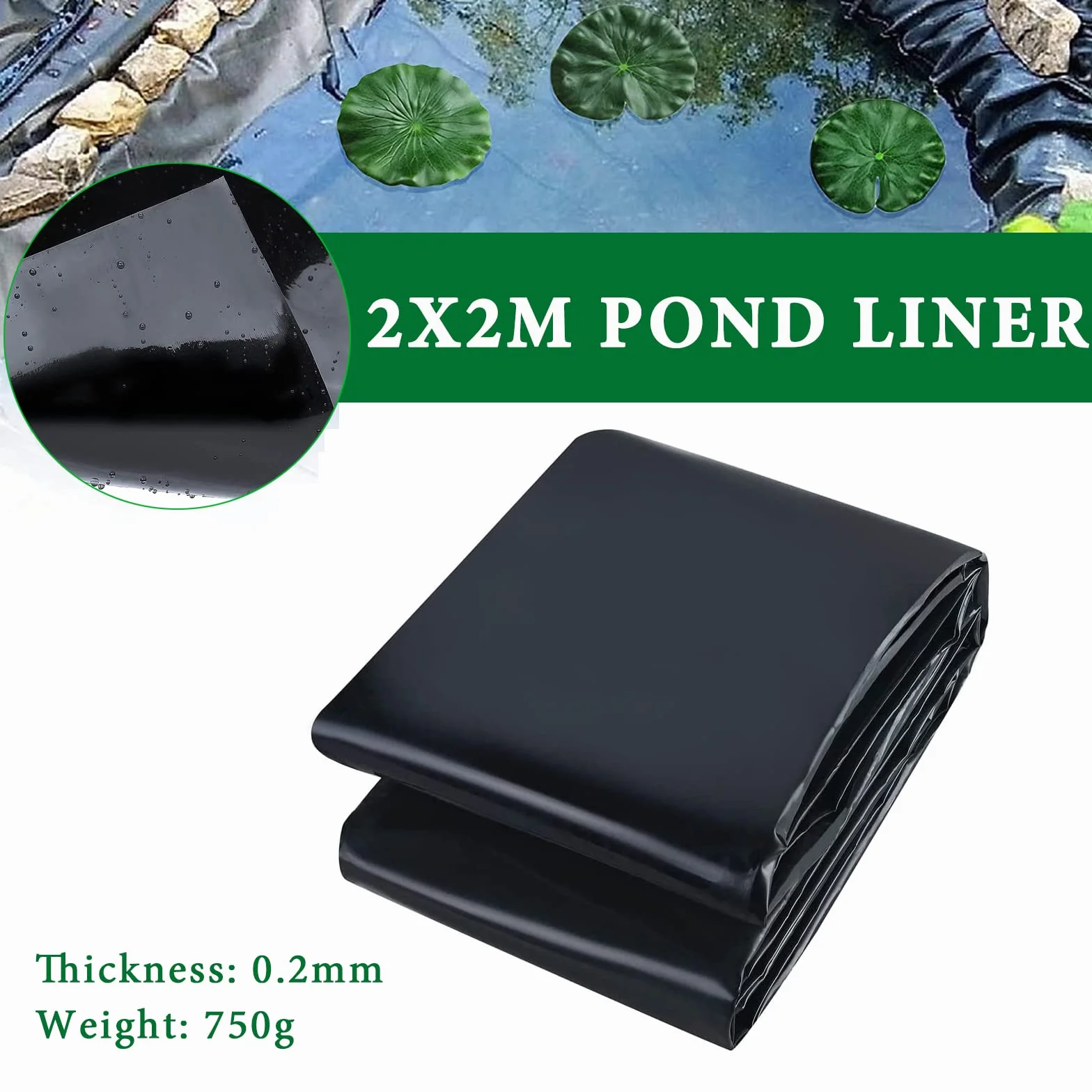 CYH 2M X 2M Wkładka do Stawu PVC, Wytrzymała Czarna Folia Wykładzina Stawowa HDPE, Elastyczna Ogrodowa Folia do Oczka Wodnego do Stawów Rybnych, Fontann, Budynków, Ogrodów Wodnych i Wodospadów