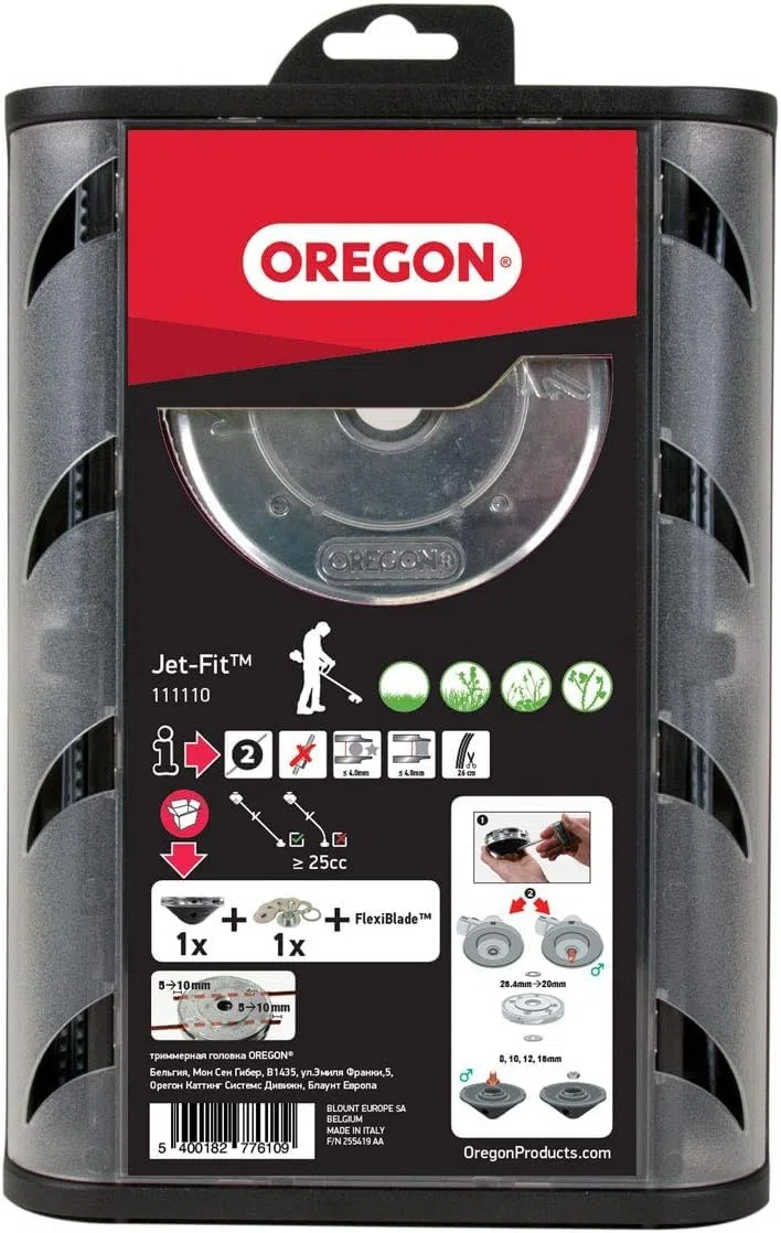 Oregon 111110 Jet Fit 2 Linia Easy Load aluminiowa głowica podkaszarki, z linią trymera FlexiBlade 4,0 mm, pasuje do większości podkaszarek wału powyżej 25 cm³