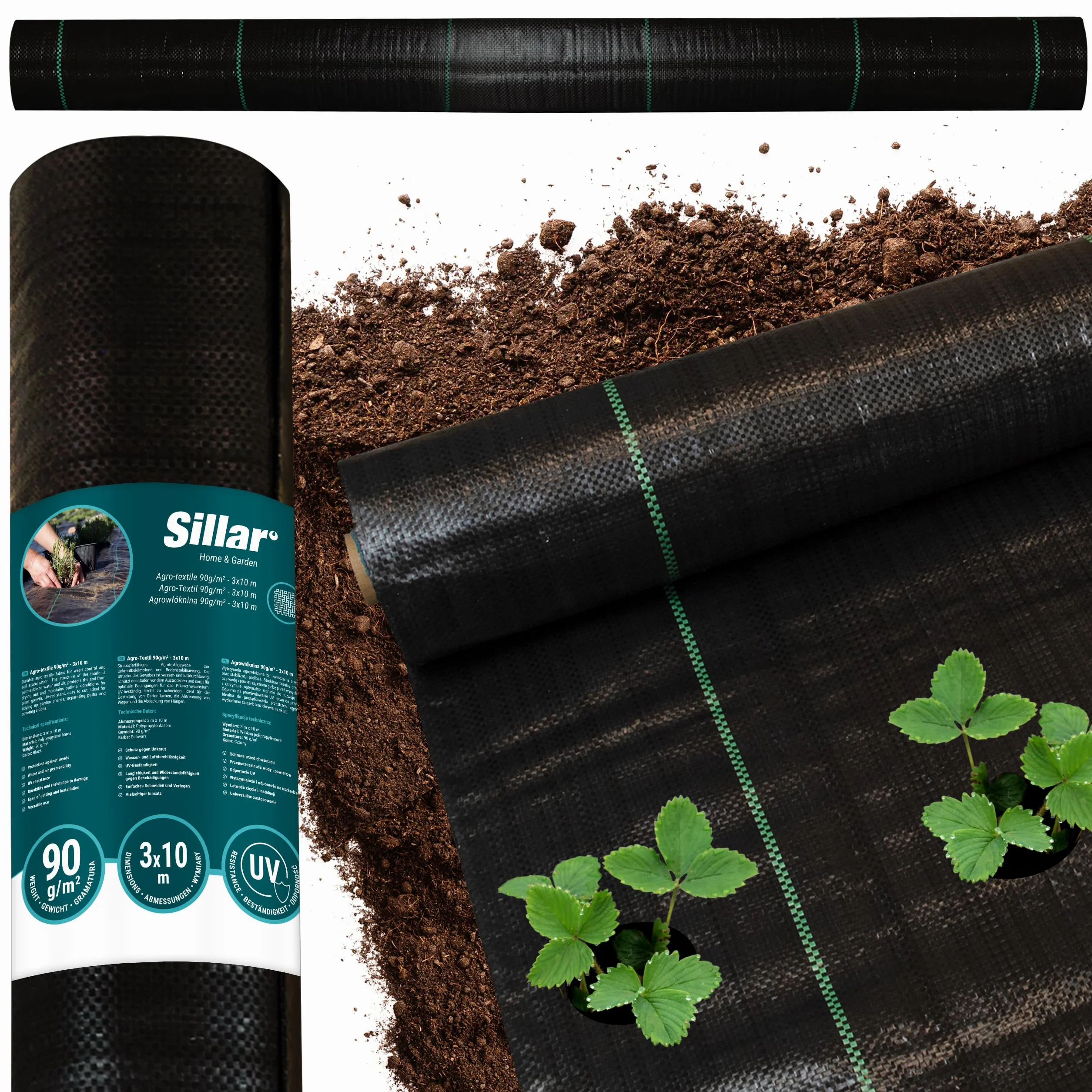 Sillar Folia przeciw chwastom, folia ogrodowa, przepuszczająca wodę, odporna na rozerwanie, z wysoką stabilnością UV (90 g/m², 3x10m)