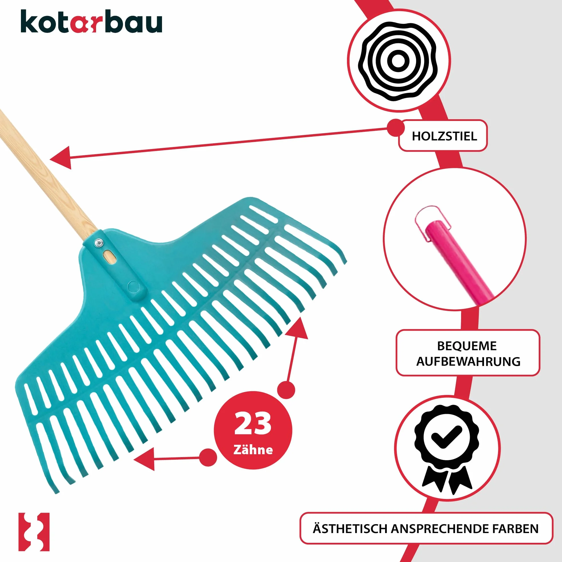 KOTARBAU® Grabie do Liści - 46 cm - Grabie do Trawy - Plastikowe - Niebieskie - Drewniany Trzon