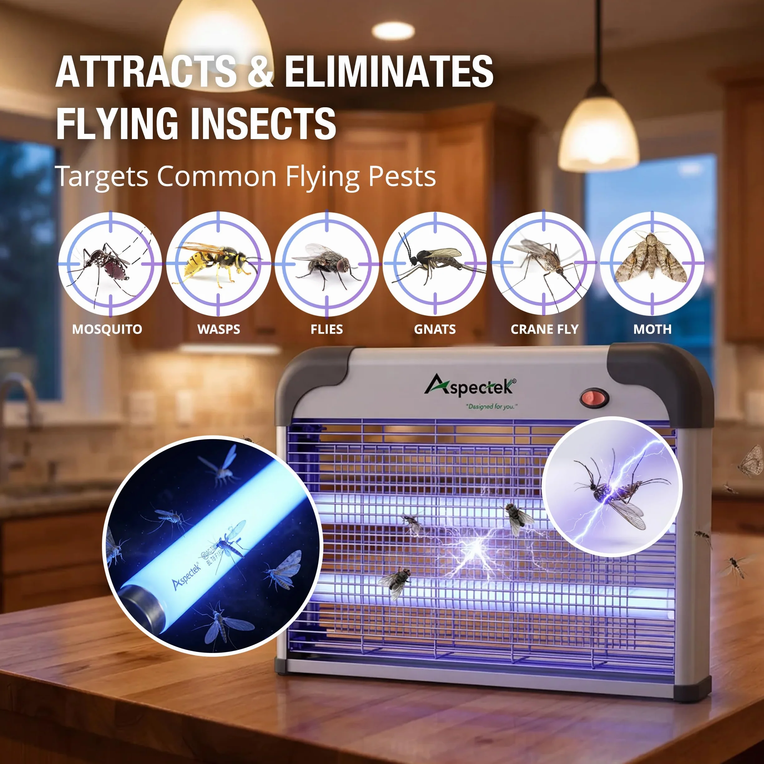 Aspectek Elektryczna pułapka na owady, 20 W, odporna na promieniowanie UV, skuteczna redukcja latających owadów, do użytku wewnątrz sypialni i ogrodu (Bug Zapper)