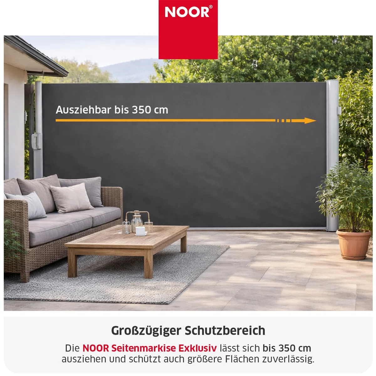 NOOR Markiza boczna, ekskluzywna 100 x 350 cm, antracyt, idealna ochrona przed wzrokiem na balkon, taras i do ogrodu, ochrona przed słońcem, deszczem, ochrona przed wiatrem, wraz z mocowaniami, impregnowana i odporna na działanie wody