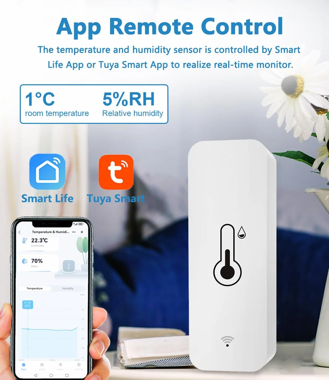Inteligentny termometr z higrometrem, cyfrowy mini czujnik temperatury wewnętrznej i wilgotności, czujnik temperatury pomieszczenia, z aplikacją zdalnego sterowania, do szklarni, kompatybilny z