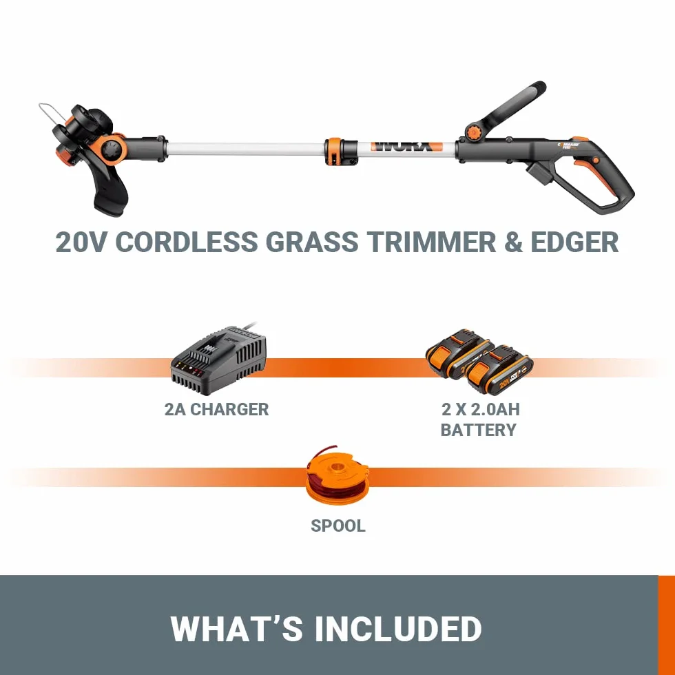 WORX WG163E.2 Akumulatorowa podkaszarka do trawy 20 V, podkaszarka 2 w 1 z głowicą obrotową 90°, średnica cięcia 30 cm, uchwyt teleskopowy (w tym akumulator 2 Ah i ładowarka)