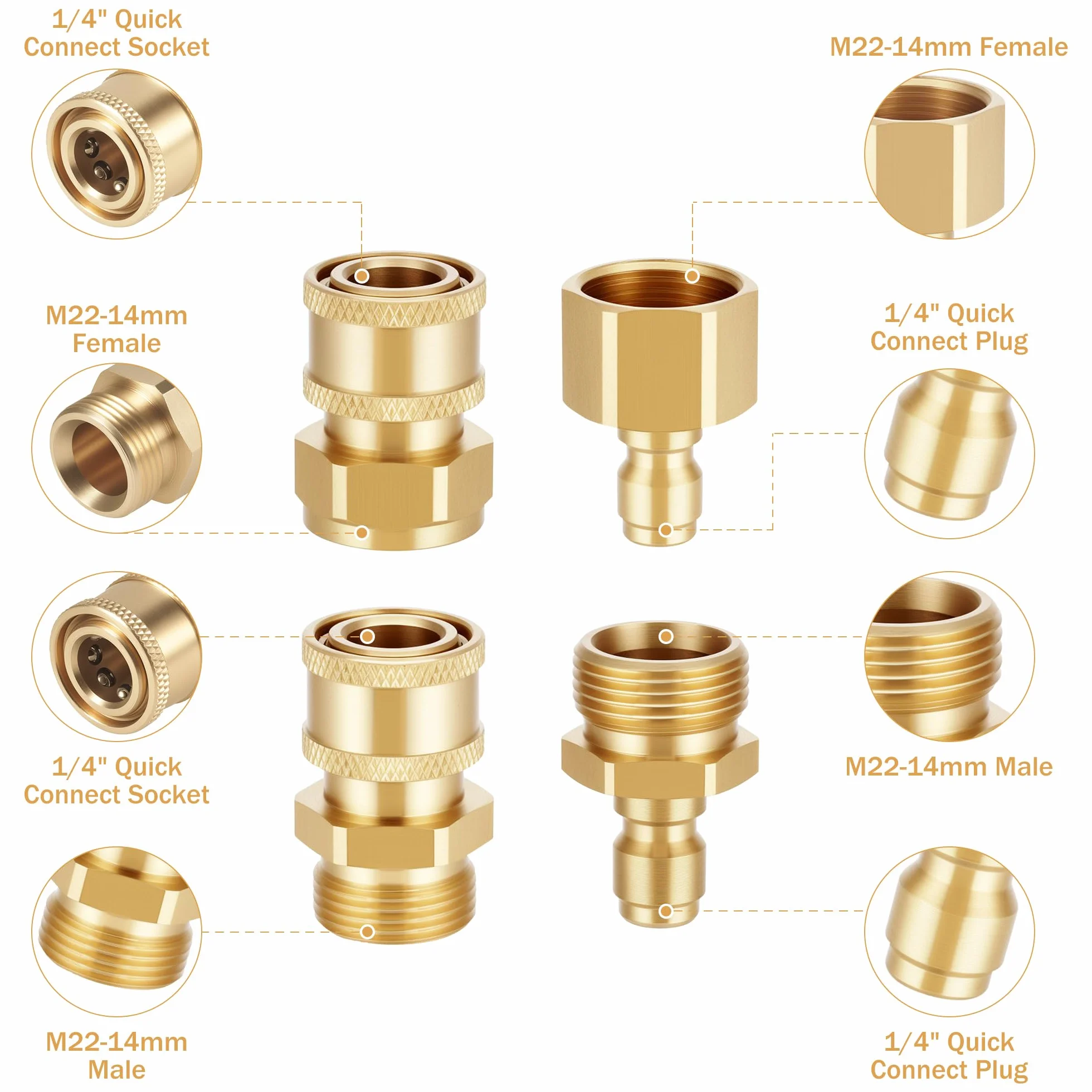 Zocipro Zestaw adapterów do myjki wysokociśnieniowej 4 sztuki M22-14 mm na 1/4 cala, szybkie złącza i szybkie odłączniki mosiądz do węża myjki wysokociśnieniowej, pompa 5000 Psi
