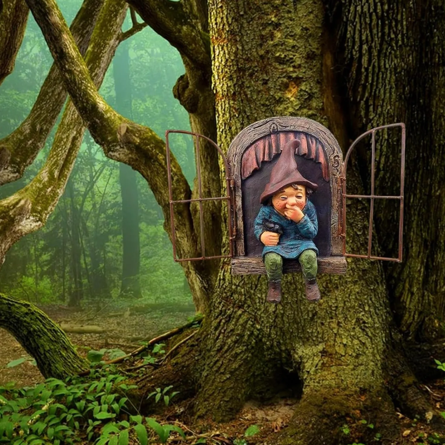 Elf Out The Door Tree Hugger, figurka krasnala z żywicy, wiszące krasnale ogrodowe, dekoracja na taras, trawnik (kobiety)