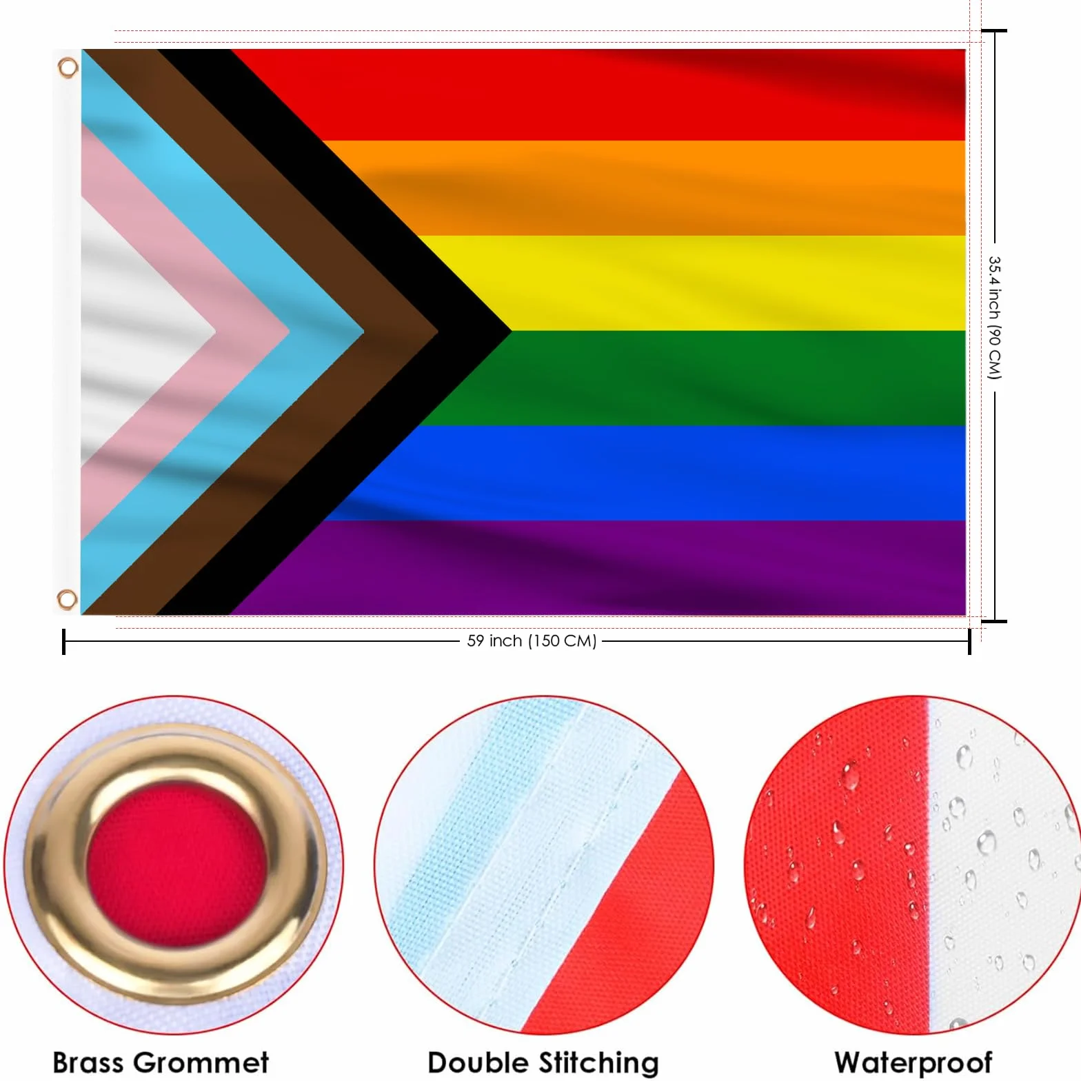 AhfuLife Flaga Progress Pride, a flaga LGBTQ+, tęczowa z szewronem, 1,5 m x 0,9 m na Dzień Dumy, 1 szt. flaga dumy postępu - dwustronna z mosiężnymi oczkami do dekoracji parady na Dzień