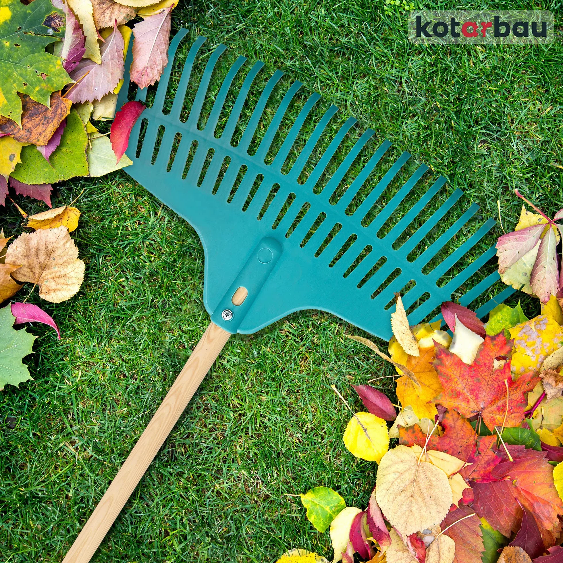 KOTARBAU® Grabie do Liści - 46 cm - Grabie do Trawy - Plastikowe - Niebieskie - Drewniany Trzon