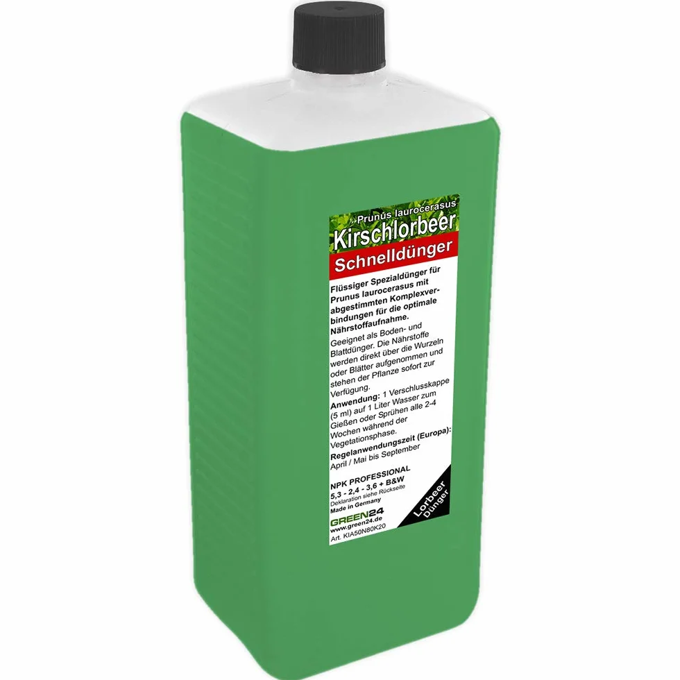 GREEN24 HIGHTECH nawóz do laurowego wiśniowego, profesjonalna linia 1 l, do nawożenia wielu roślin Prunus laurocerasus, Hightech płynny nawóz do żywopłotów laurowych i donic