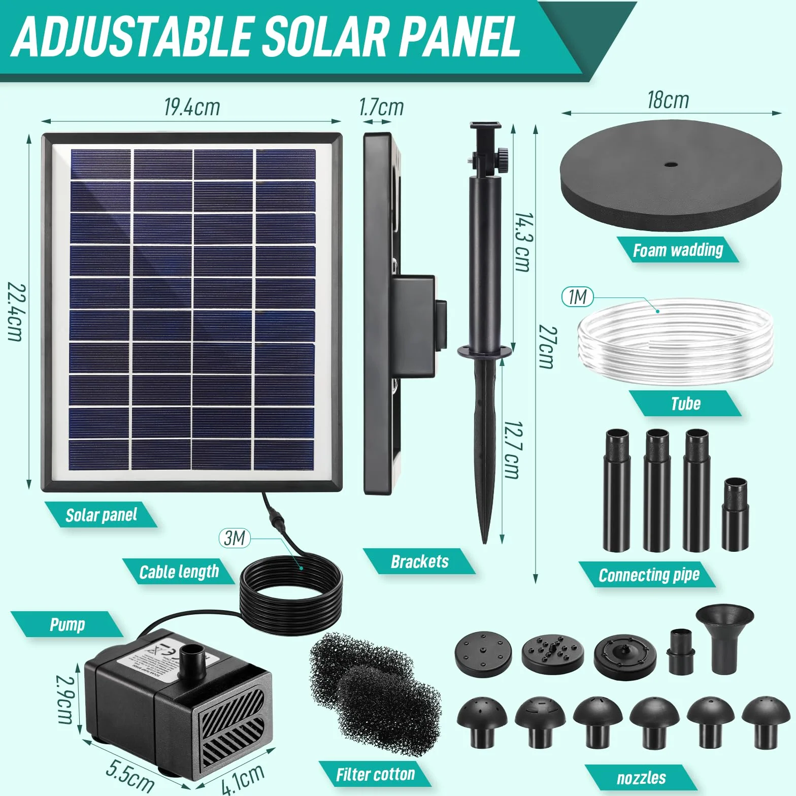 Clevich Solarna pompa do stawu 6,5 W, fontanna z filtrem, wąż 1 m, 9 dysz, kabel 3,25 m
