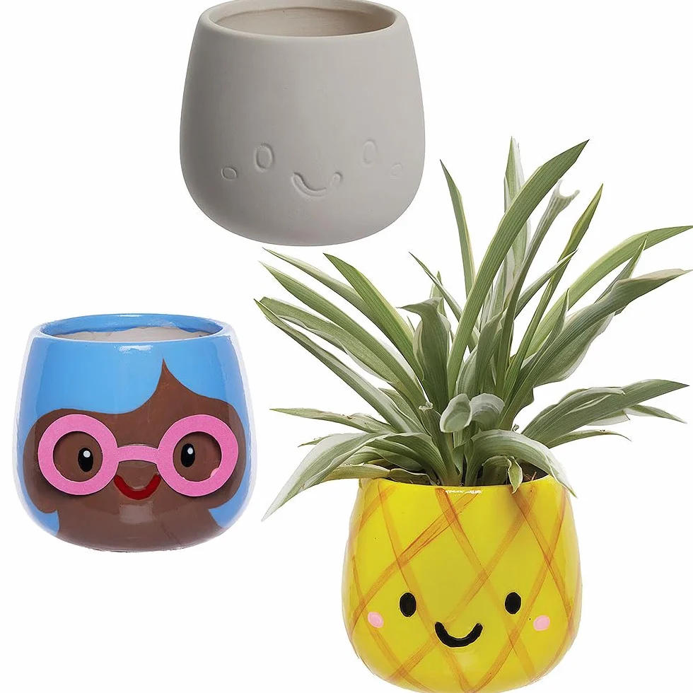 Baker Ross WA155 Ceramiczne doniczki Grass Head – zestaw 3 sztuk, ceramiczne doniczki do dekoracji i uprawy roślin