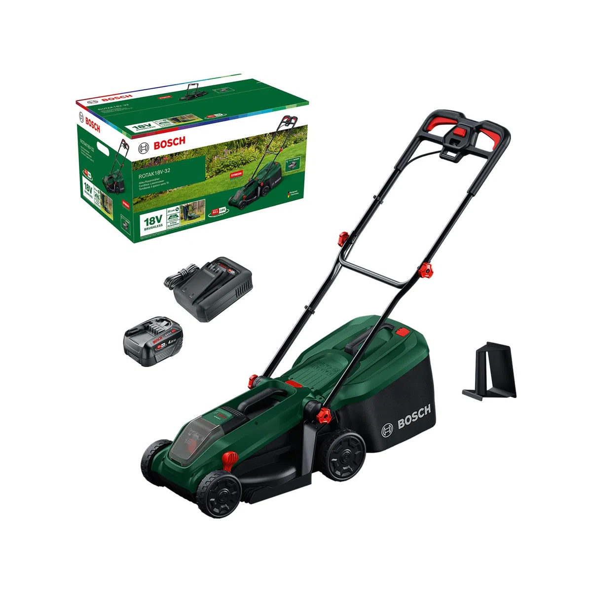 Bosch Kosiarka akumulatorowa ROTAK18V-32 (szerokość cięcia: 32 cm, wysokość cięcia: 25 – 65 mm, materiałowy worek na trawę 35 l, przystawka do mulczowania, akumulator i ładowarka)