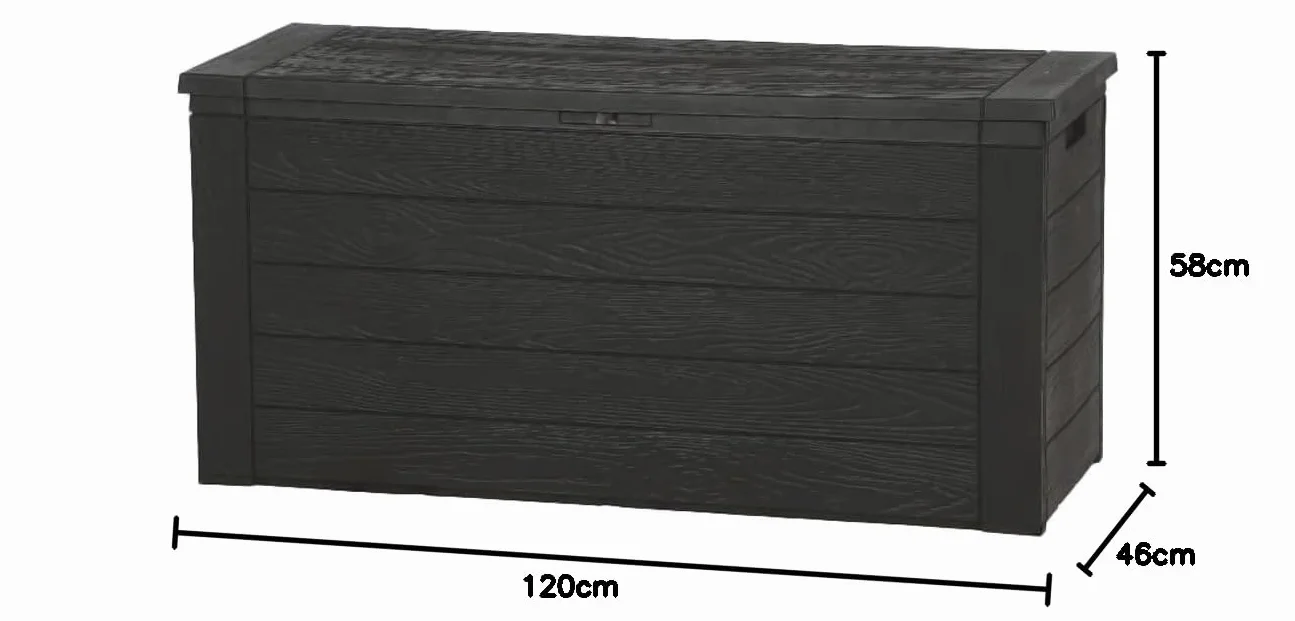Spetebo Skrzynka na poduszki z tworzywa sztucznego, 300 l, antracytowa, o wyglądzie drewna – 150 x 58 cm – pudełko do przechowywania z pokrywką na poduszki – skrzynia ogrodowa, skrzynia tapicerowana
