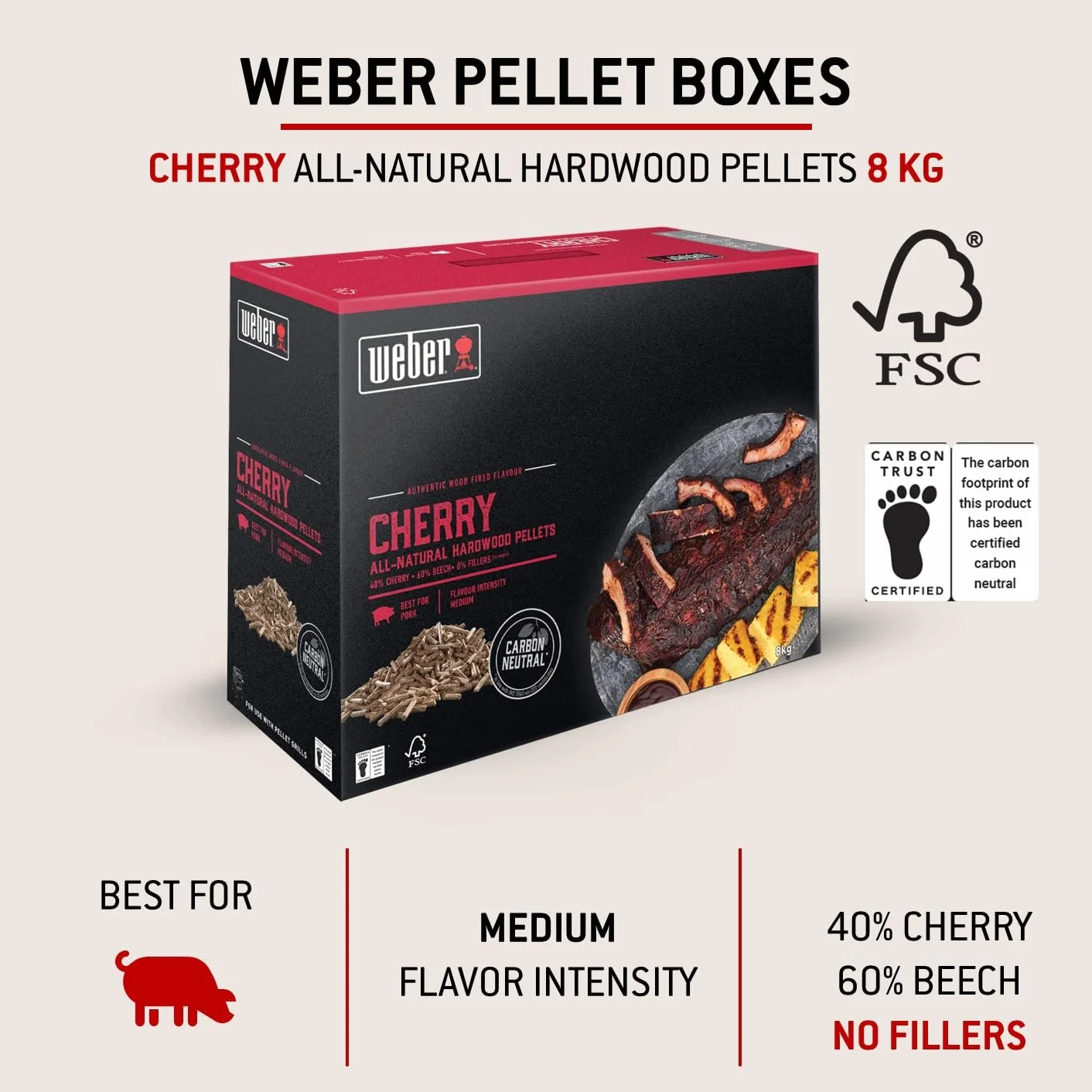 Weber pellet - Drewno Wiśniowe (8kg), Doskonałe do Wędzenia Świń, 100% Naturalne Drewnopellety, Produkt UE, Zrównoważone Odbiór, Certyfikowane Drewno FSC (18293)