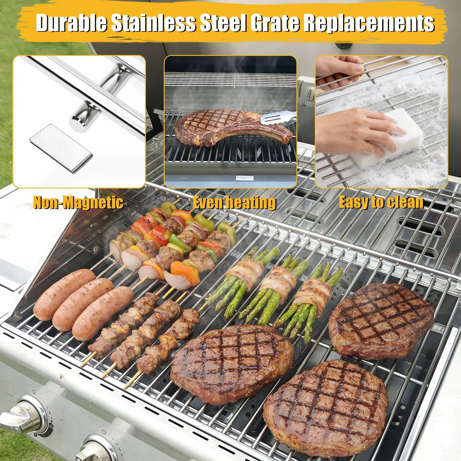 GFTIME Ruszty grillowe 47,9 cm ze stali nierdzewnej 304 do Weber Genesis II 300 & II LX 300 (od 2017) E/S 310 315 325 330 335 345, 7 mm stal nierdzewna, zamiennik do 66095 66802 66805, 2-częściowy